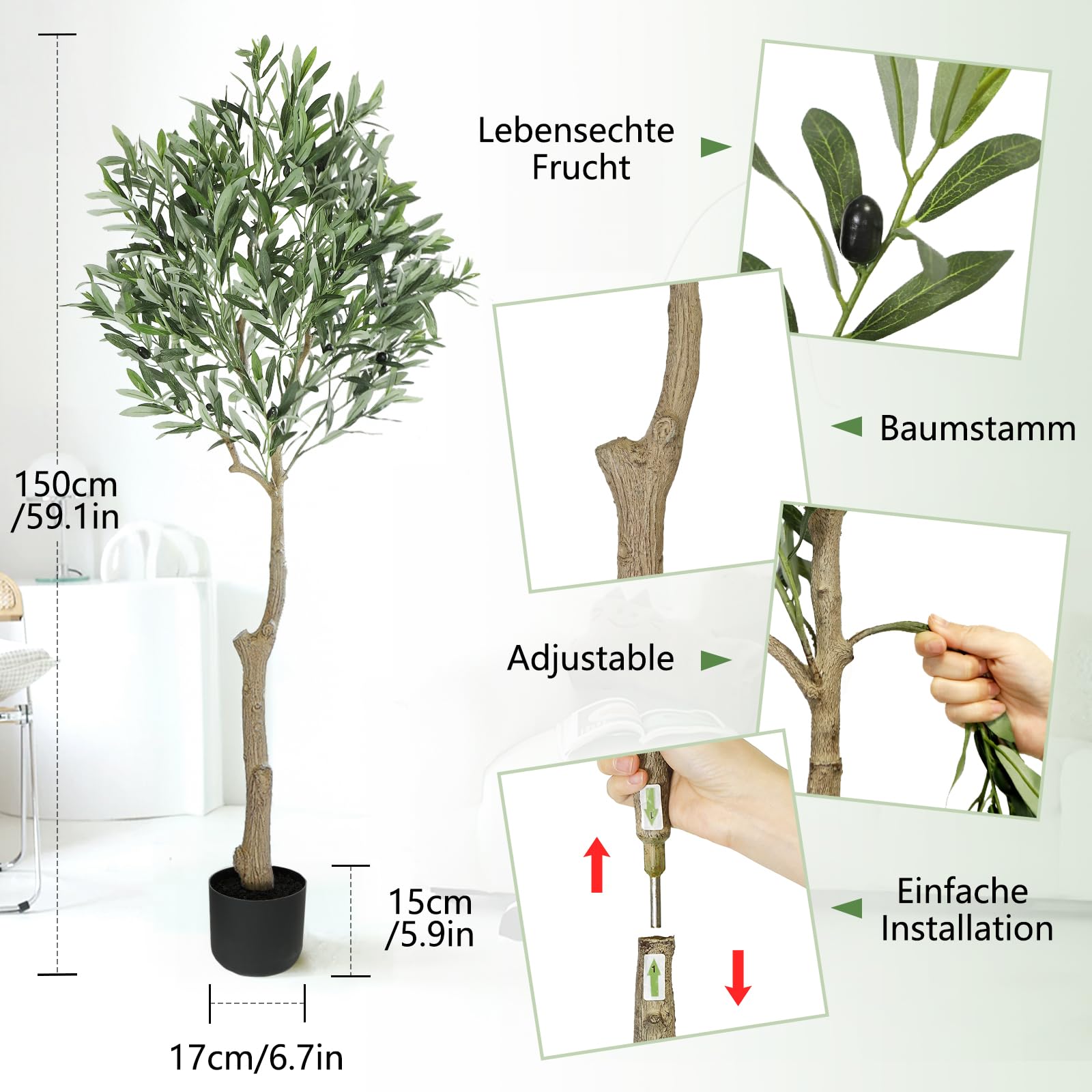 Artificial Olive Tree, 5ft (60'') Tall Fake Plants Suitable For Modern Living Rooms Home Office Indoor & Outdoor Garden Decor, Natural Artificial