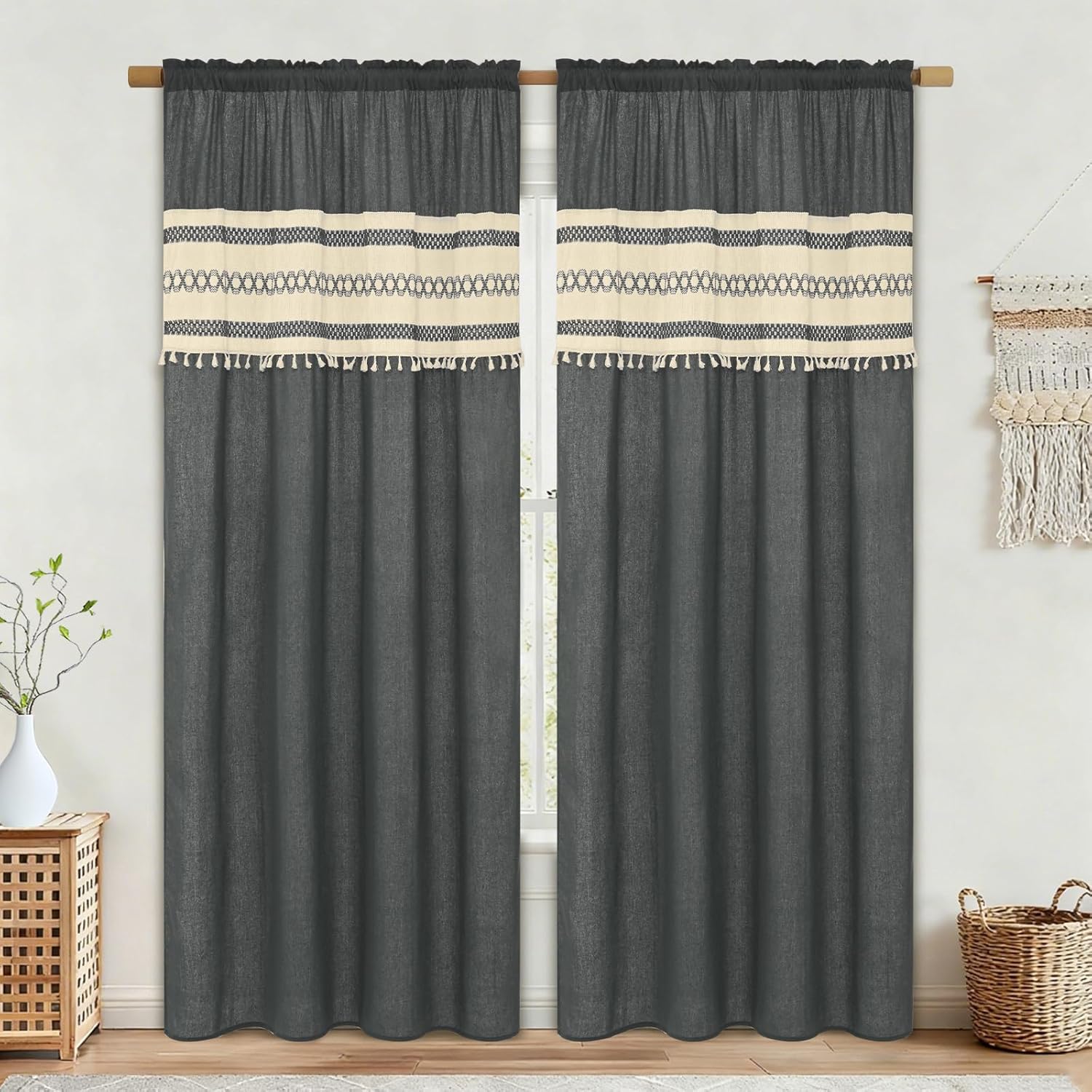 FRAMICS Linen Curtains for Living Room Farmhouse Curtains for Bedroom Grey Window Curtain Boho Crochet Drapes 84 Inch Length 2 Panels Set Light Filtering Rod Pocket Window Treatment