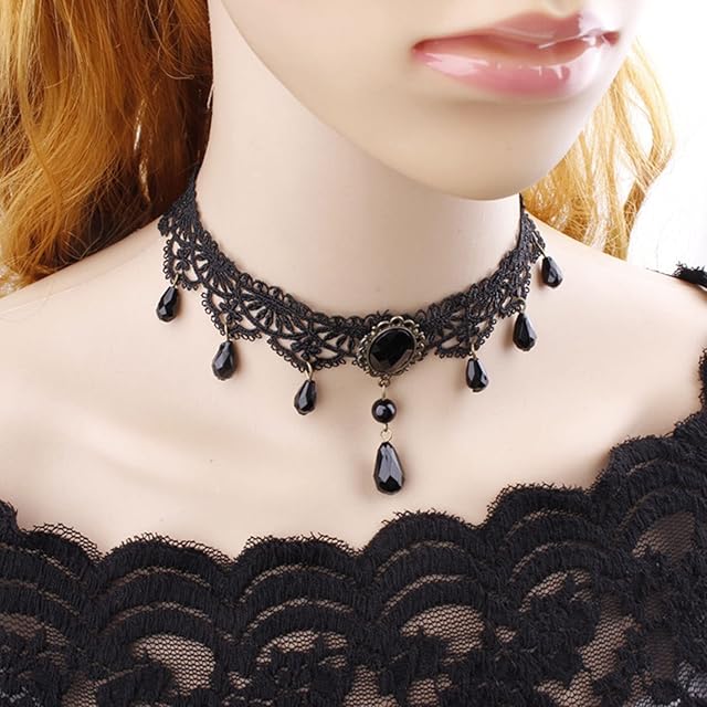Aneneiceera Boho Rhinestone Black Lace Choker Necklace Black Teardrop Necklace Choker Gothic Droplet Crystal Collar Necklace Retro Vintage Clavicle Necklace Chain Jewelry Gifts for Women and Girls