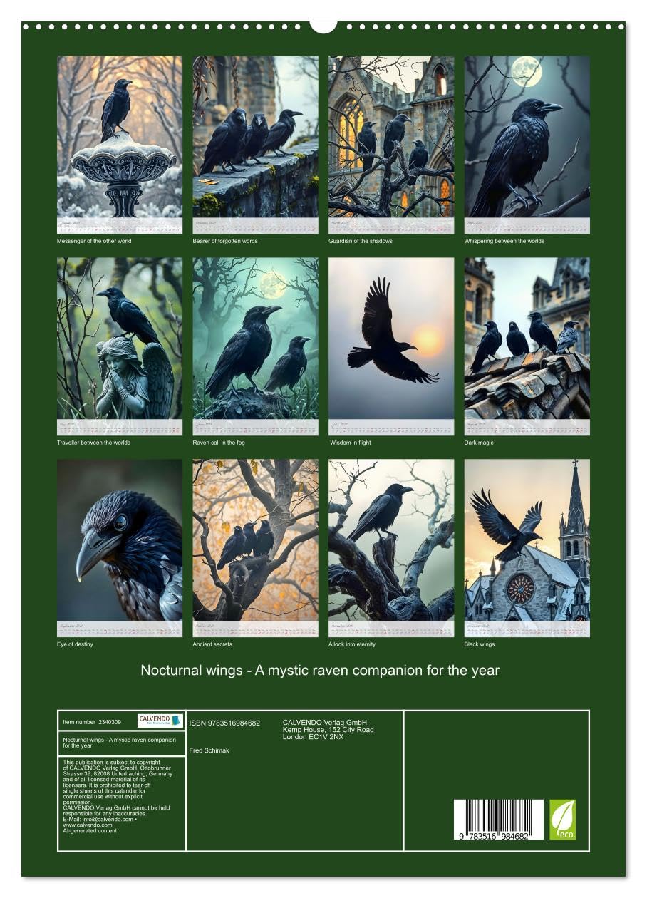 Nocturnal wings - A mystic raven companion for the year (High Quality Premium Wall Calendar 2027 DIN A2 portrait),CALVENDO 12 Month Wall Calendar: A mystical raven calendar