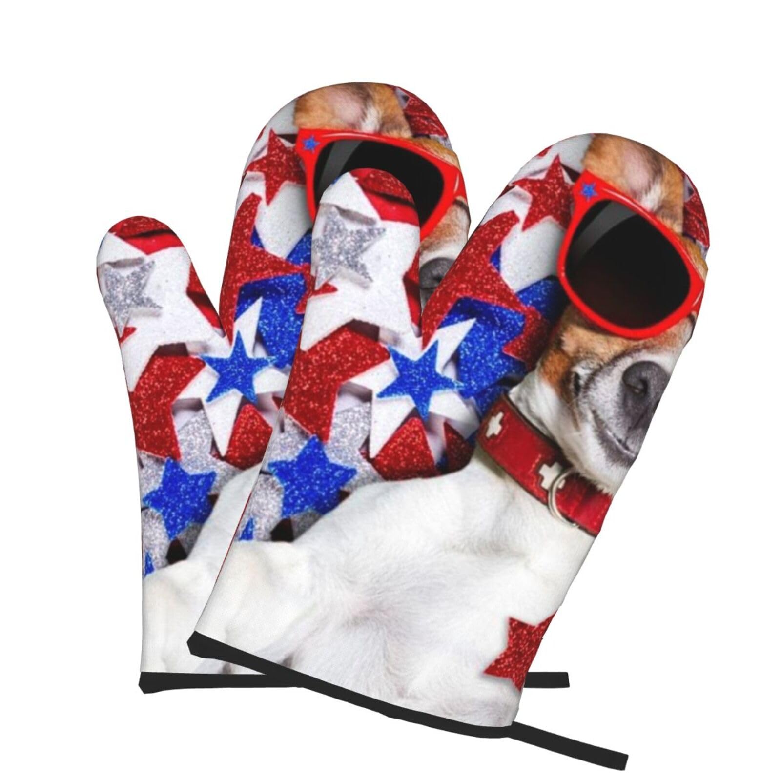 Oven Mitts Set of 2 Pcs, USA Flag Puppy Prints Heat Resistant Kitchen Gloves for Cooking Baking Grilling