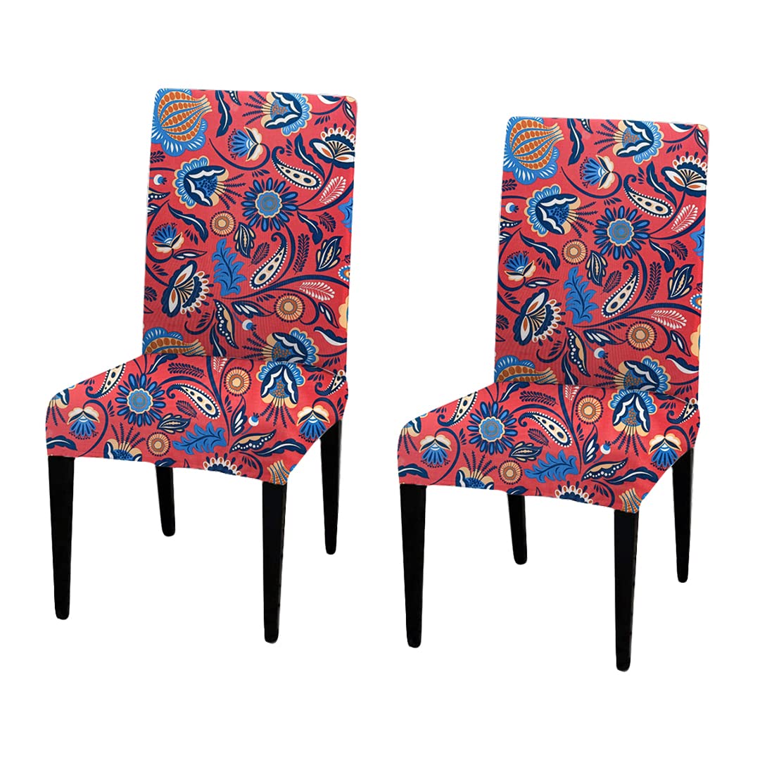 LAZI Pack of 2 Red Floral Print Elastic Stretchable Dining Table Chair Seat Cover Protector Slipcover for Dining Table Chair Covers Stretchable Washable and Removable 1 Piece Set of 2 Seater