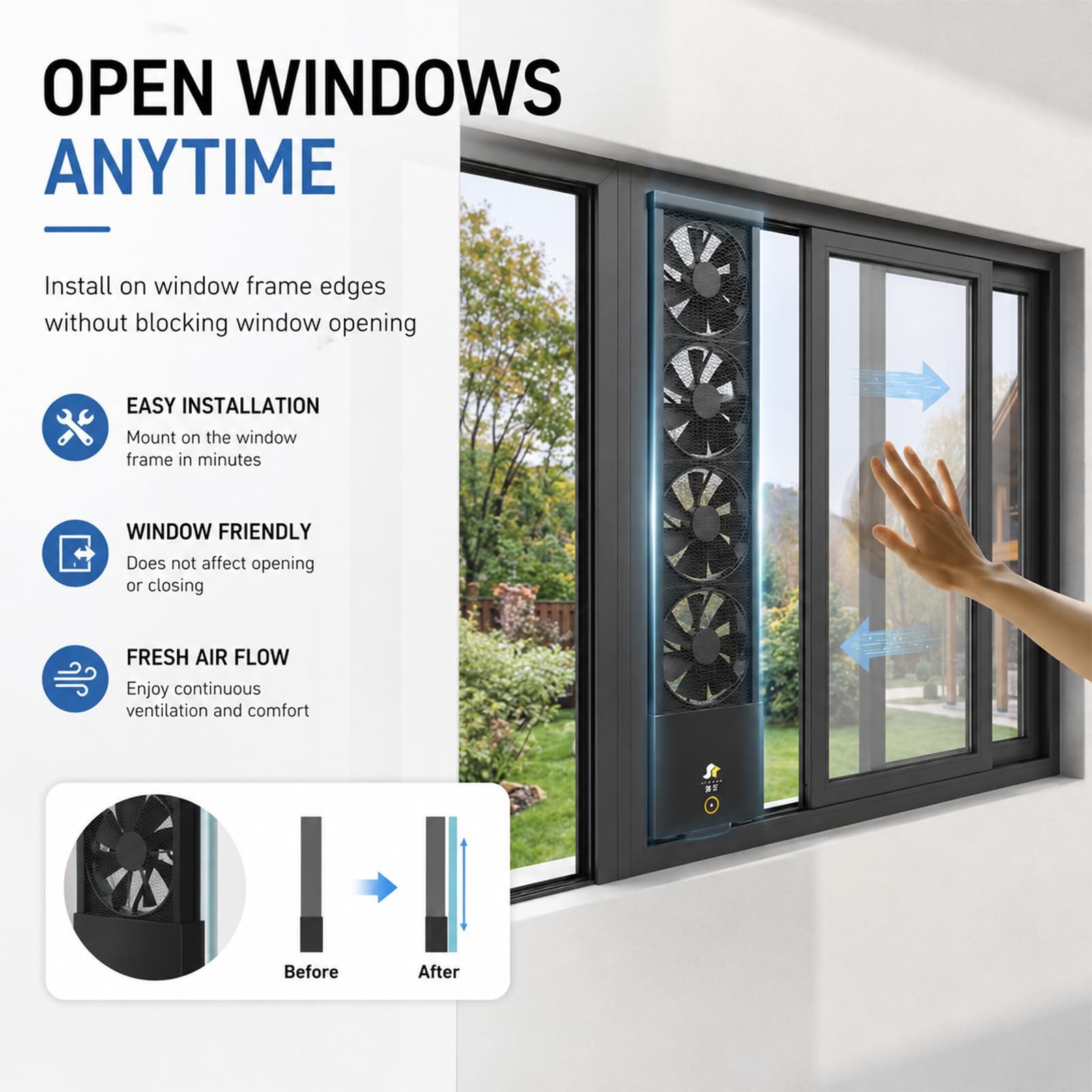 Extrem Leiser Fensterlüfter Mit Ausziehbarem Rahmen, Geräuschpegel Unter 35 Db, Werkzeuglose Montage, Stufenlose Geschwindigkeitsregelung Für Schlafzimmer, Wohnmobil Und Küche black 59*69cm