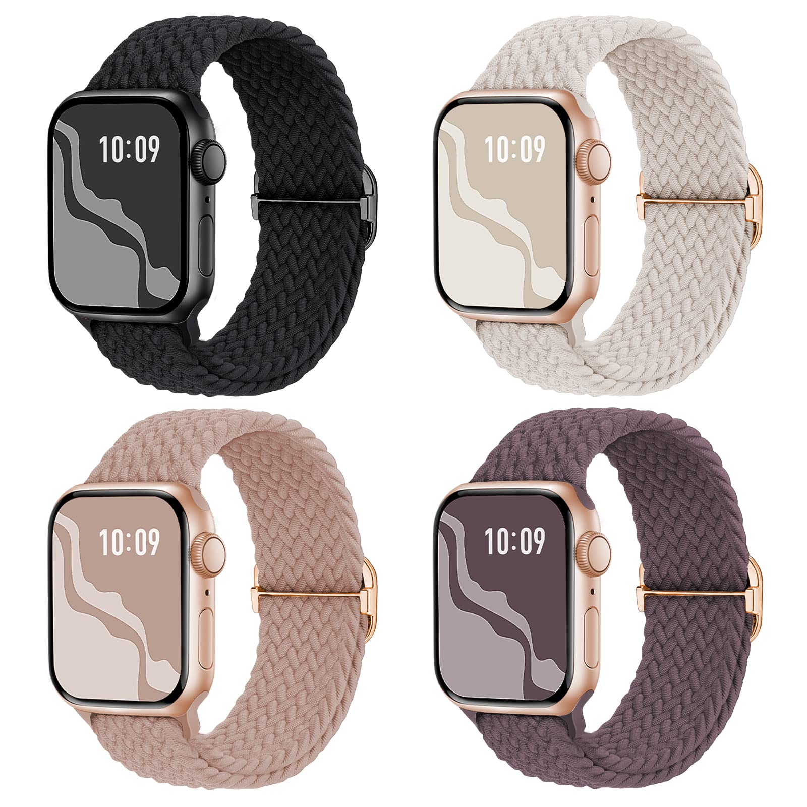 Braided Stretchy Solo Loop Compatible for Apple Watch Band 38mm 40mm 41mm 42mm 44mm 45mm 49mm for Women Men, Nylon Elastic Straps Wristbands for iWatch Series 8 7 6 SE 5 4 3 2 1 Ultra, 4Packs