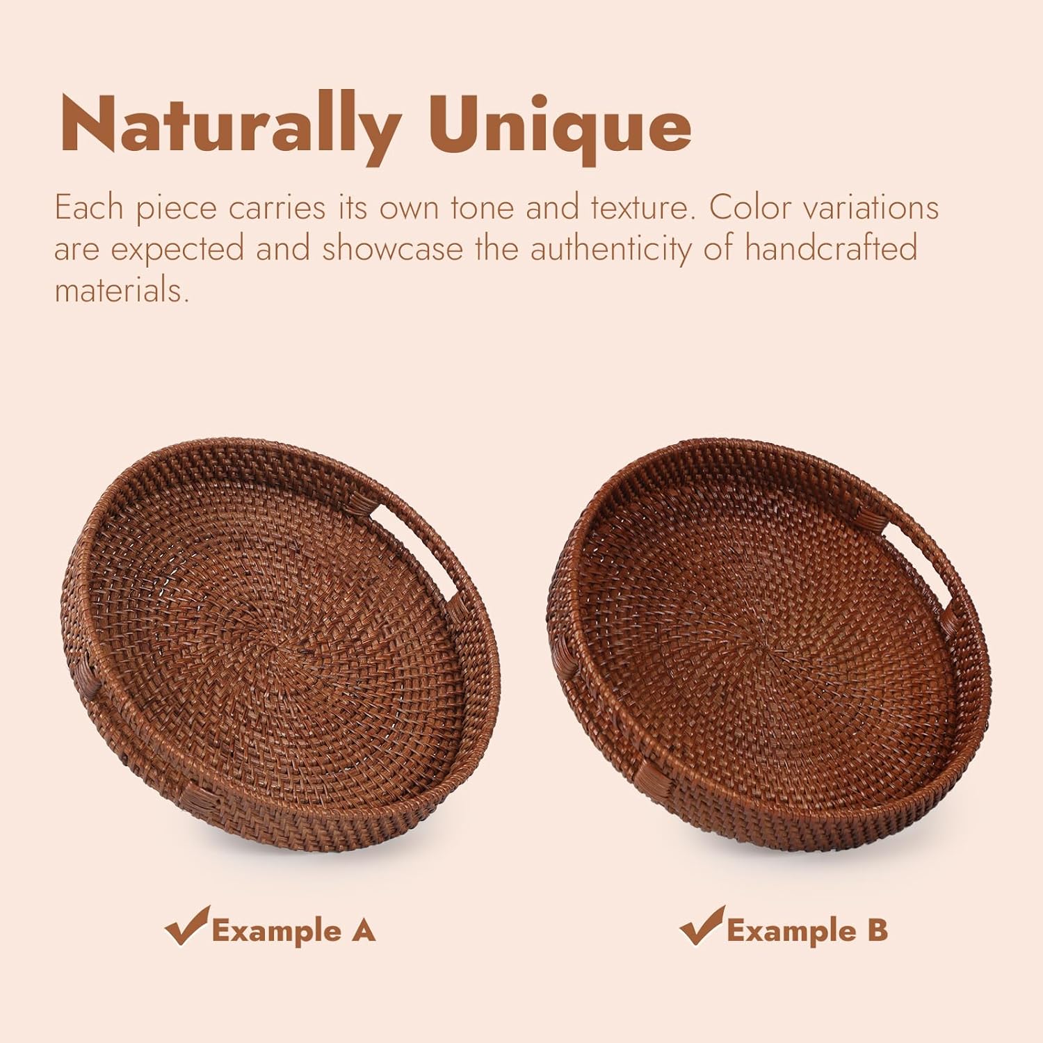 16.9 inch Round Rattan Tray, Woven Large Serving Tray with Handles, Wicker Serving Basket, Coffee Table Decor for Living Room, Reddish-Brown