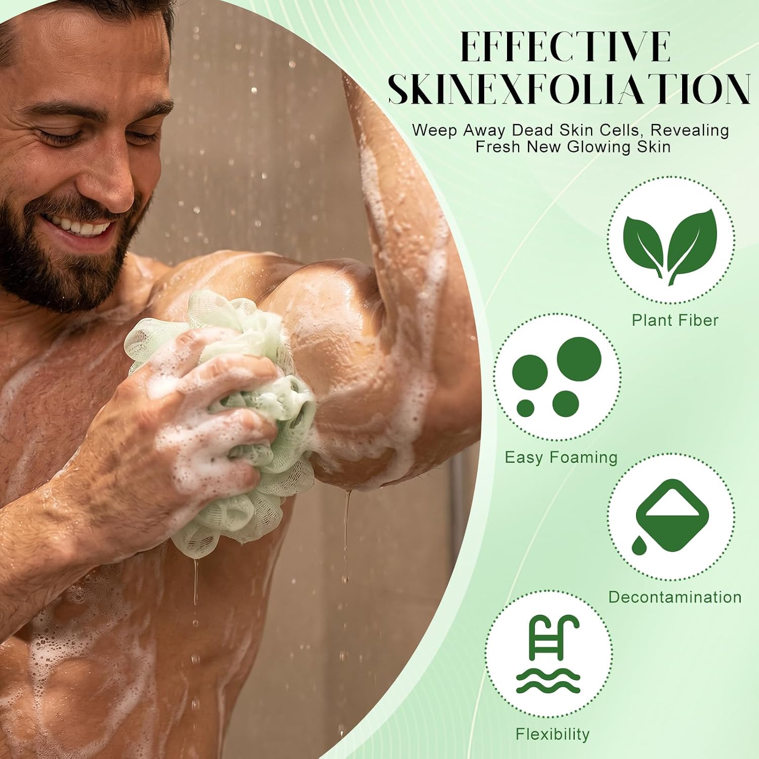 2 Pack Exfoliating Loofah Soap Holders with Washcloth Double-Sided Bath Sponge Body Scrubber Reusable Shower Pouches Green White
