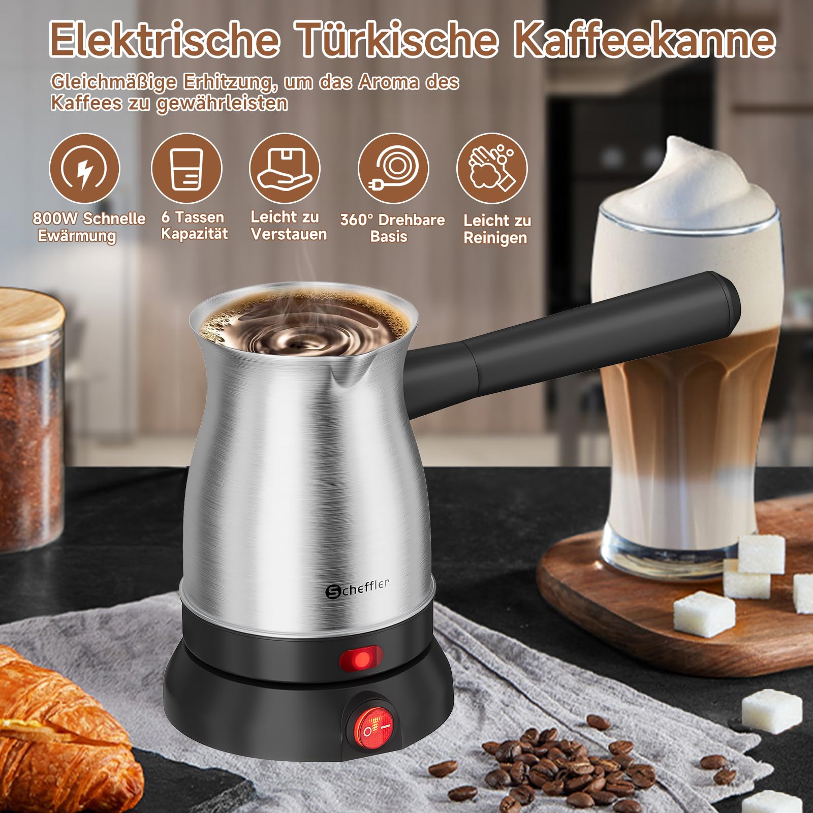 Scheffler Turecki ekspres do kawy elektryczny 500 ml | 800 W, stal nierdzewna, dzbanek do kawy mokka, do domu, biura, podróży
