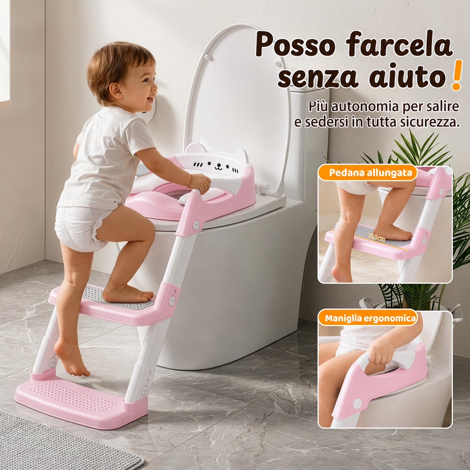 Riduttore WC Bambini, Stabile con Pedale e Maniglia, Rosa | Pedale Allungato e Antiscivolo, Facile da Montare e Riporre, Altezza Regolabile, Antischizzo Per Bambini E Bambine In Bagno
