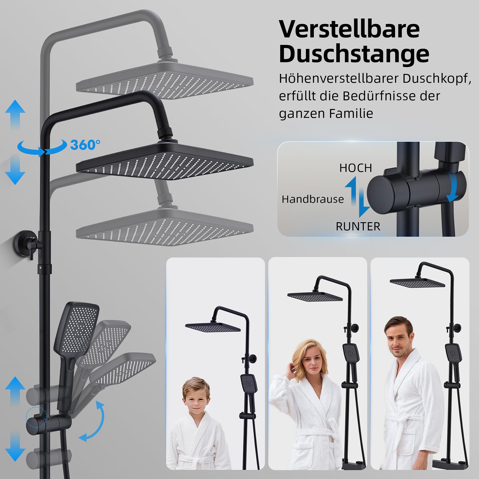 HOMELODY Duschsystem mit Thermostat Schwarz 30 cm Regendusche | 3 Strahlarten Handbrause, Duscharmatur Edelstahl Regendusche mit Armatur, Duscharmatur Komplettset, Duschset