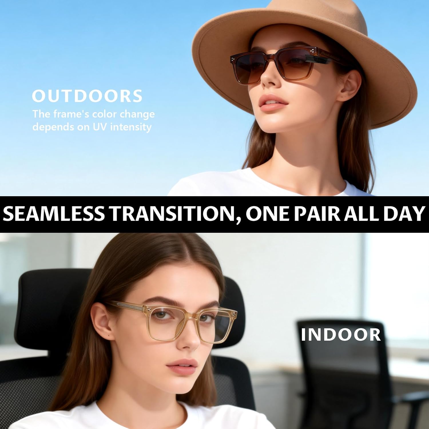Photochromic Sunglasses for Men Women Frames & Lenses Change Color Together Blue Light Blocking Reading Glasses