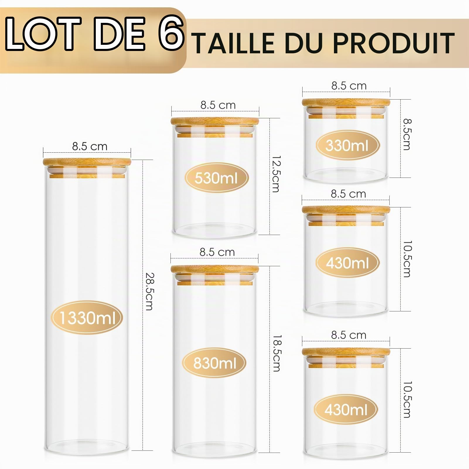 6 Bocal en Verre avec Couvercle, 1330ml/830ml/530ml/2x430ml/330ml, Bocaux en Verre Hermétique, Pot en Verre avec Couvercle en Bambou, Bocaux Rangement Cuisine pour Spaghetti, Pâtes, Céréales