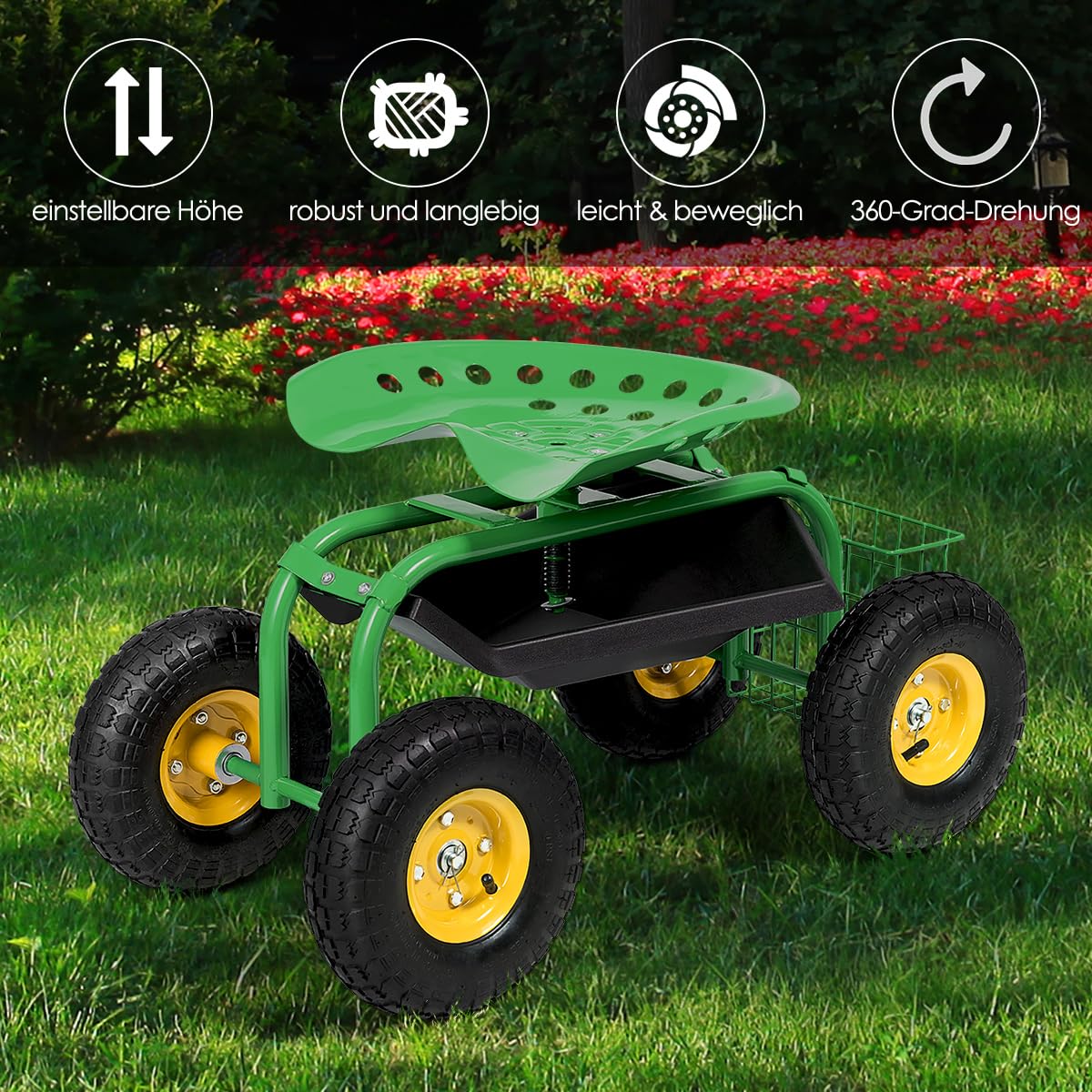 RELAX4LIFE Rollsitz mit Ablage & Korb, Gartensitz mit 4 Rädern, Gartenrollsitz 360 ° Drehbar & Höhenverstellbar 46-53cm, Fahrbarer Arbeitssitz, bis 150kg Belastbar, für Gartenarbeit Autopflege(Grün)