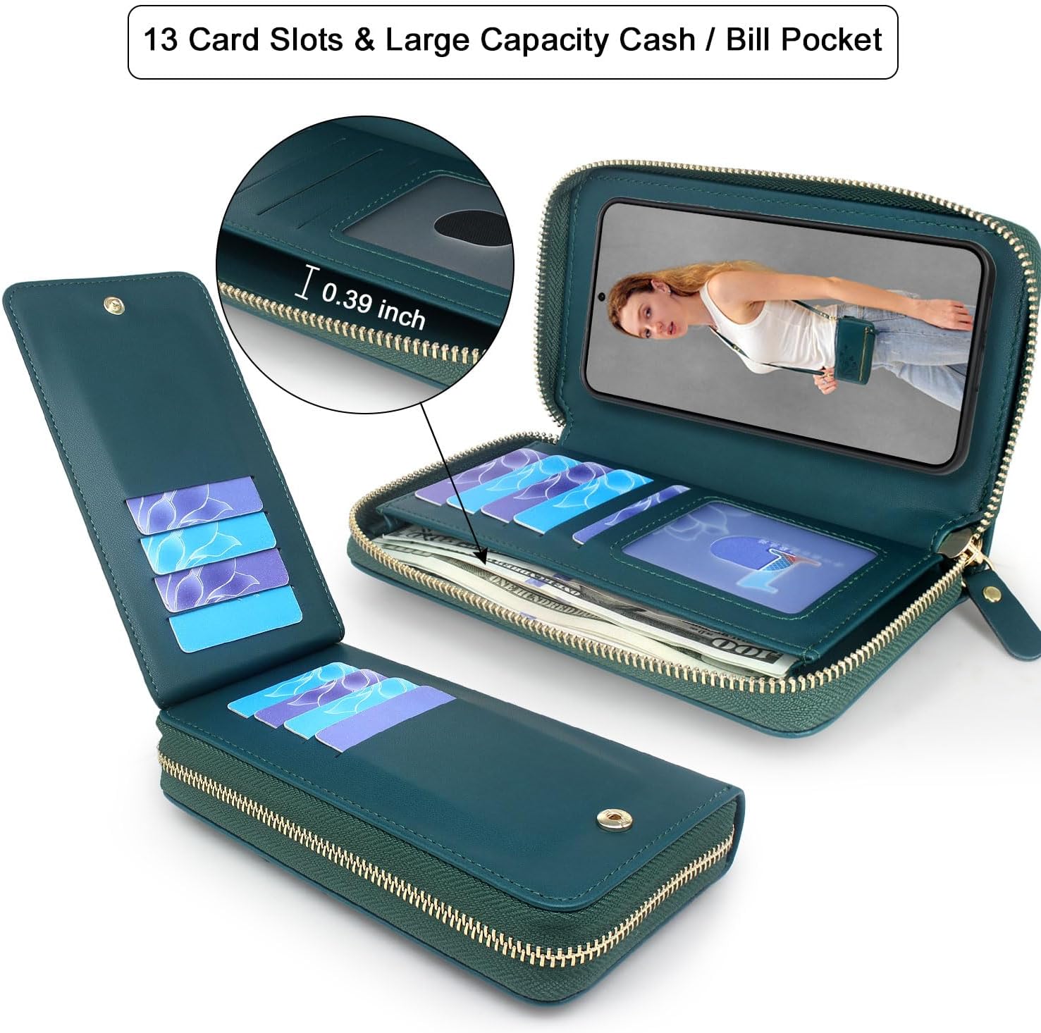 for Samsung Galaxy A37 A36 A56 5G Wallet Case,Crossbody Dual Zipper Detachable Magnetic Leather Wallet Case Cover Wristlets Wrist Strap 13 Card Slots Money Pocket(Floral Cyan Green)