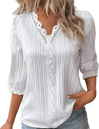 Women Summer Lace V-Neck Blouse with Puff Sleeves - Plus Size