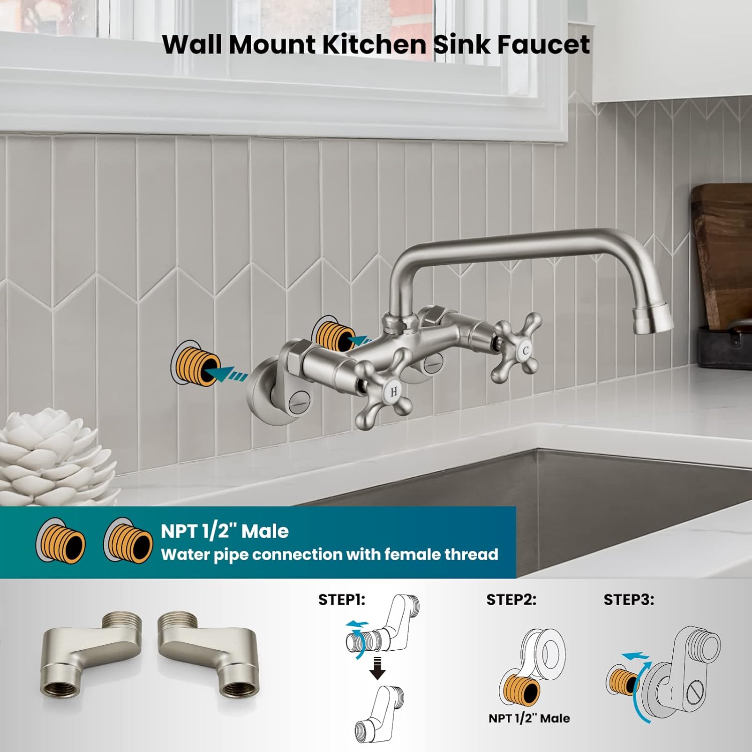 gotonovo Wall Mount Kitchen Sink Faucet Double Cross Handle Commercial Faucet 6 Inch Center Hole Distance Spread Mixer Tap 360 Rotatable Spout 8 Inch Spout Reach Brushed Nickel