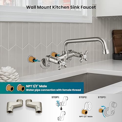 Miniatura 5 de gotonovo Grifo de cocina de montaje en pared, níquel cepillado, doble mango cruzado, comercial, de 3 a 9 pulgadas, ajustable, con alcance de