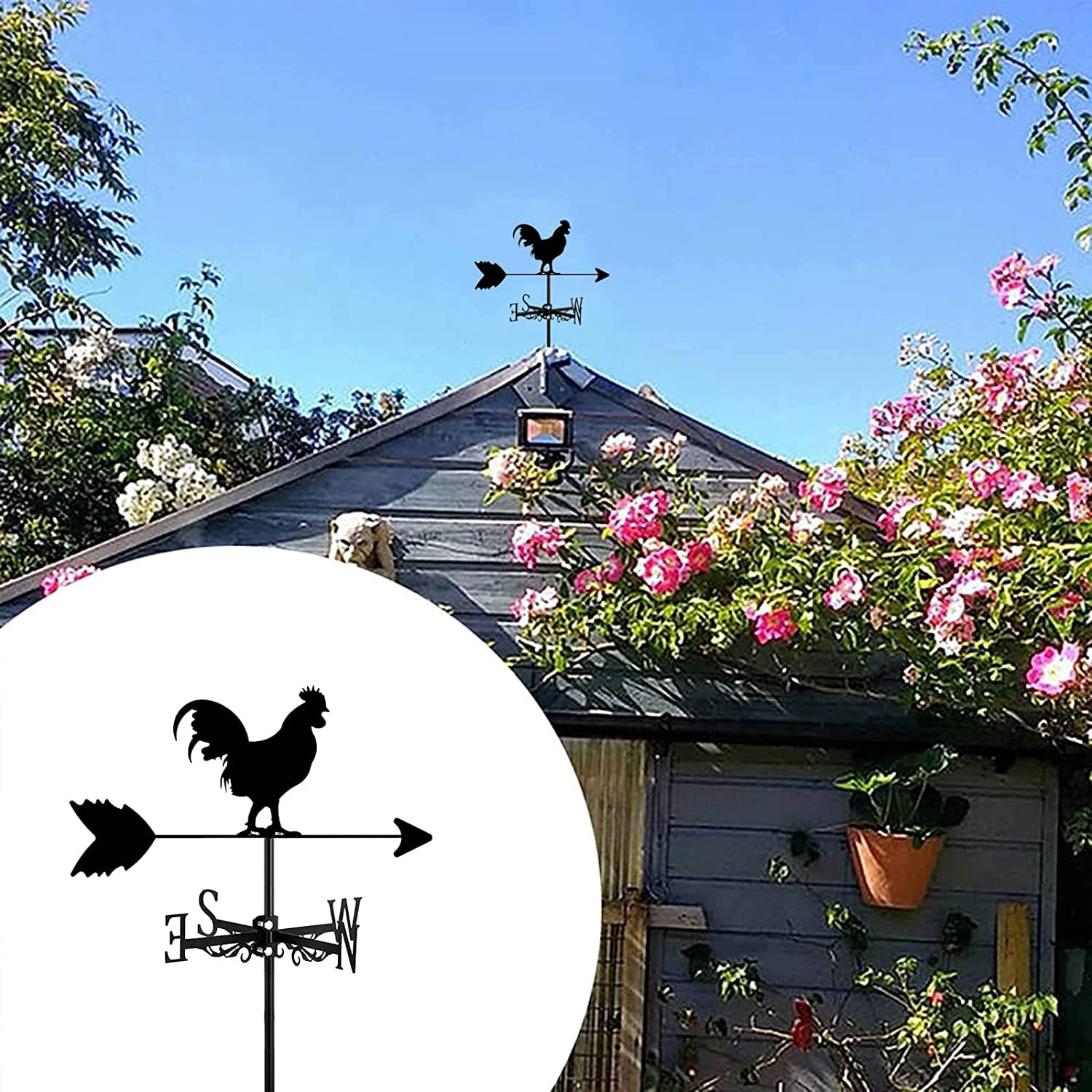Rooster Weather Vane - 13x22 Inch Iron Wind Direction Indicator For Yard & Roof