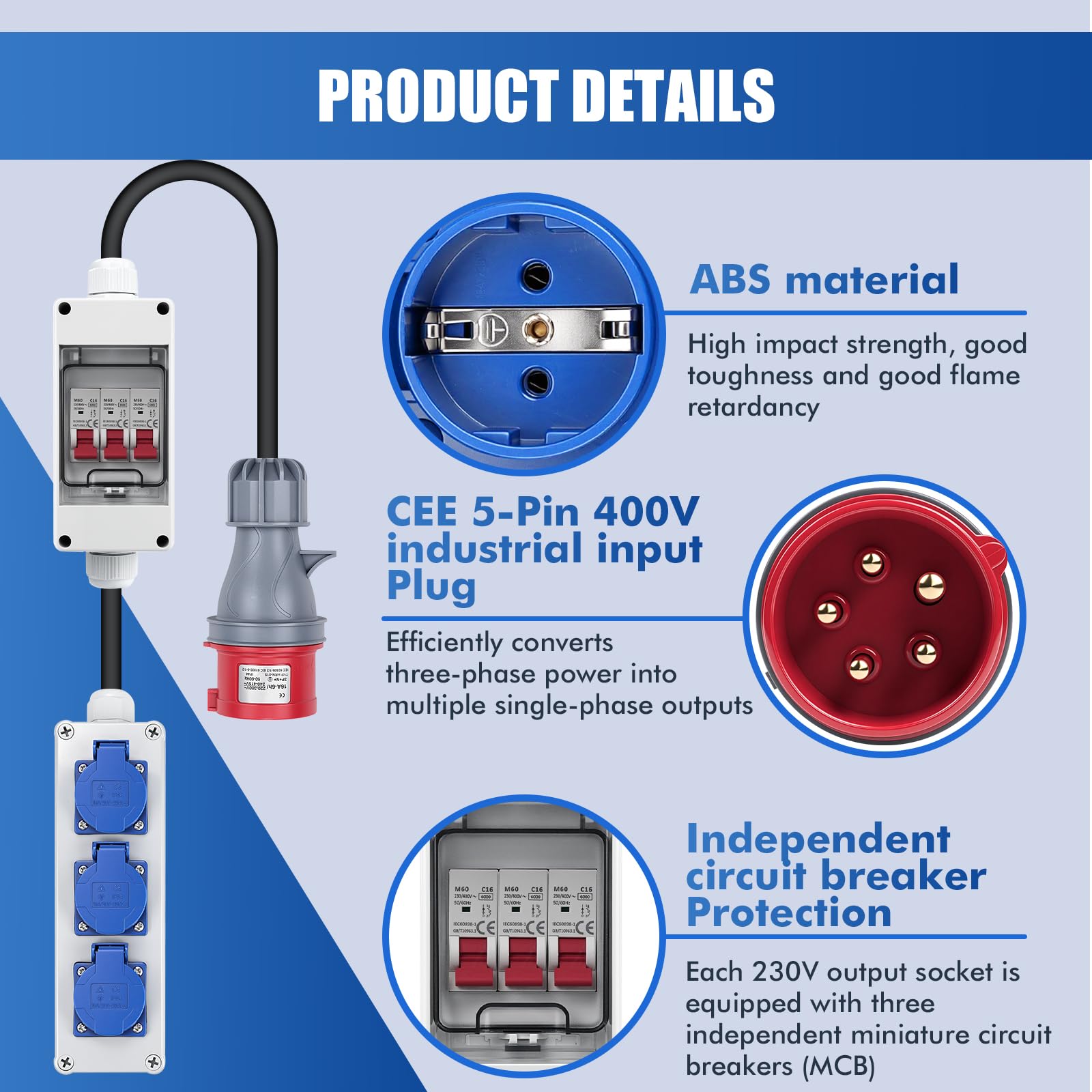 Distributore a parete 3 prese Schuko 230V e 1 presa CEE 16A/400V 5P | Con interruttore magnetotermico 16A distributore di corrente IP44 Non richiede cablaggio Adatto per cantieri edili e officine
