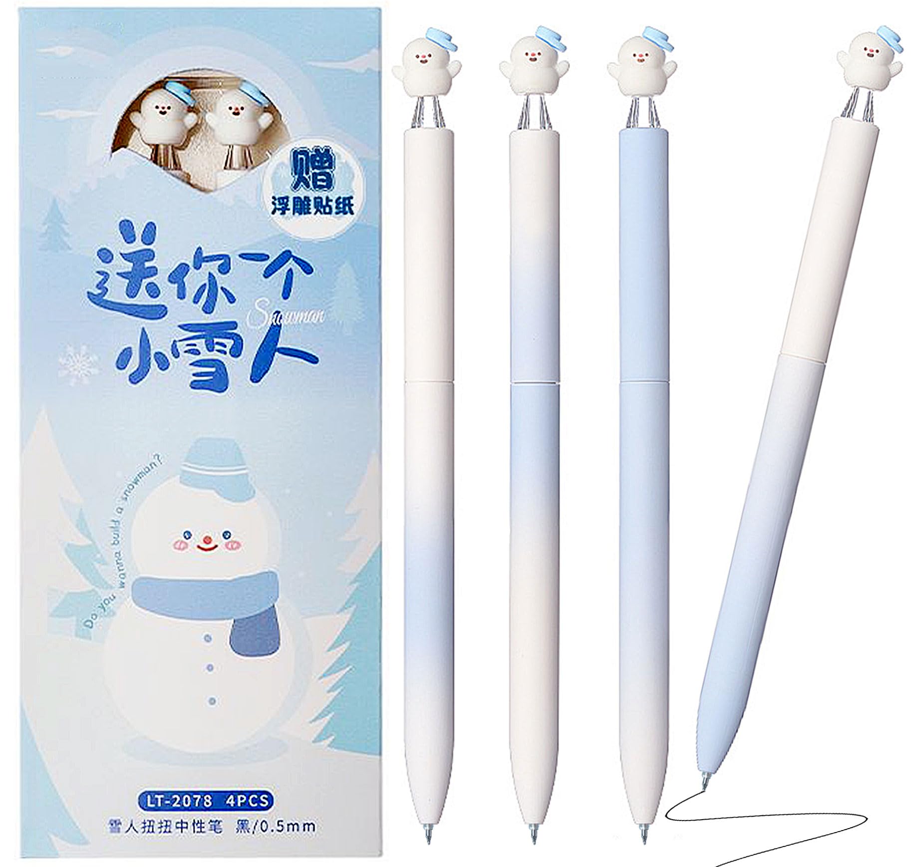 Retractable Rollerball Pen Black Gel Ink Pens 0.5mm Twist-Action Gradient Colors 3D Snowman Decoration with DIY Sticker Quick-Drying Smooth Writing - Pack of 4