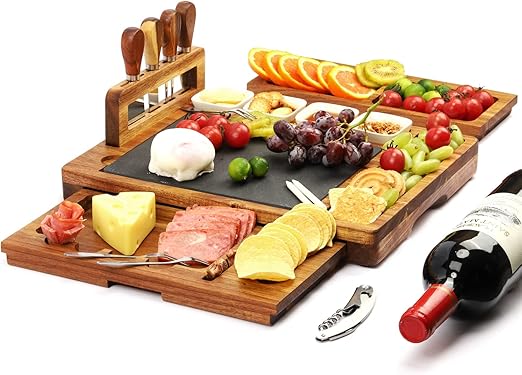 Premium Large Cheese Boards Acacia Nice Charcuterie Boards Gift Set Handcrafted Cheese Tray Set Unique Housewarming Gifts, Wedding Gifts for Couple, Bridal Shower Gifts (Retangular-Slate)