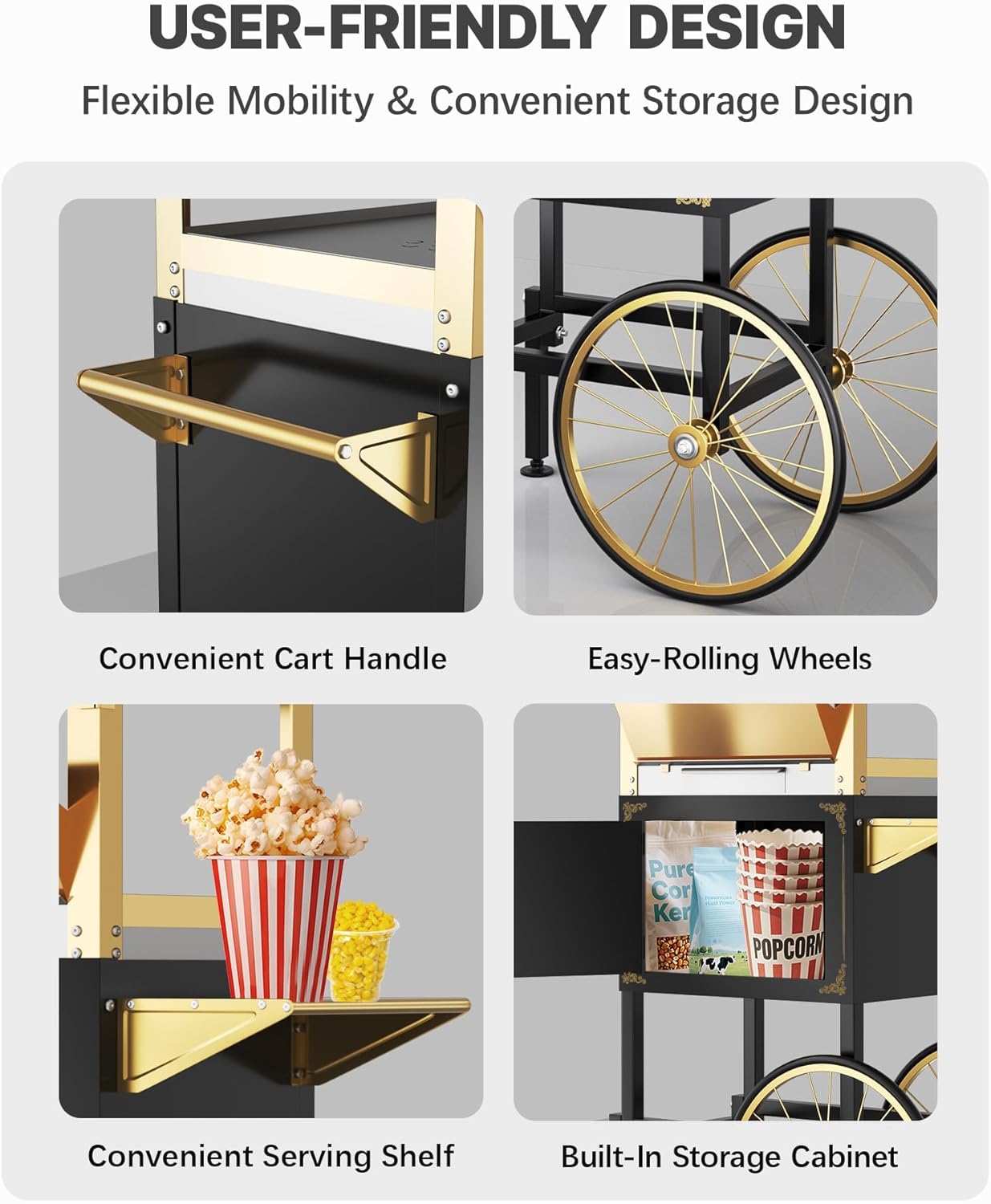 16oz Commercial Popcorn Machine with Cart, Large Popcorn Maker Machine with Wheels, Movie Theater Pop Corn Machine Stainless-Steel Kettle Makes Up to 80 Cups, Black&Gold