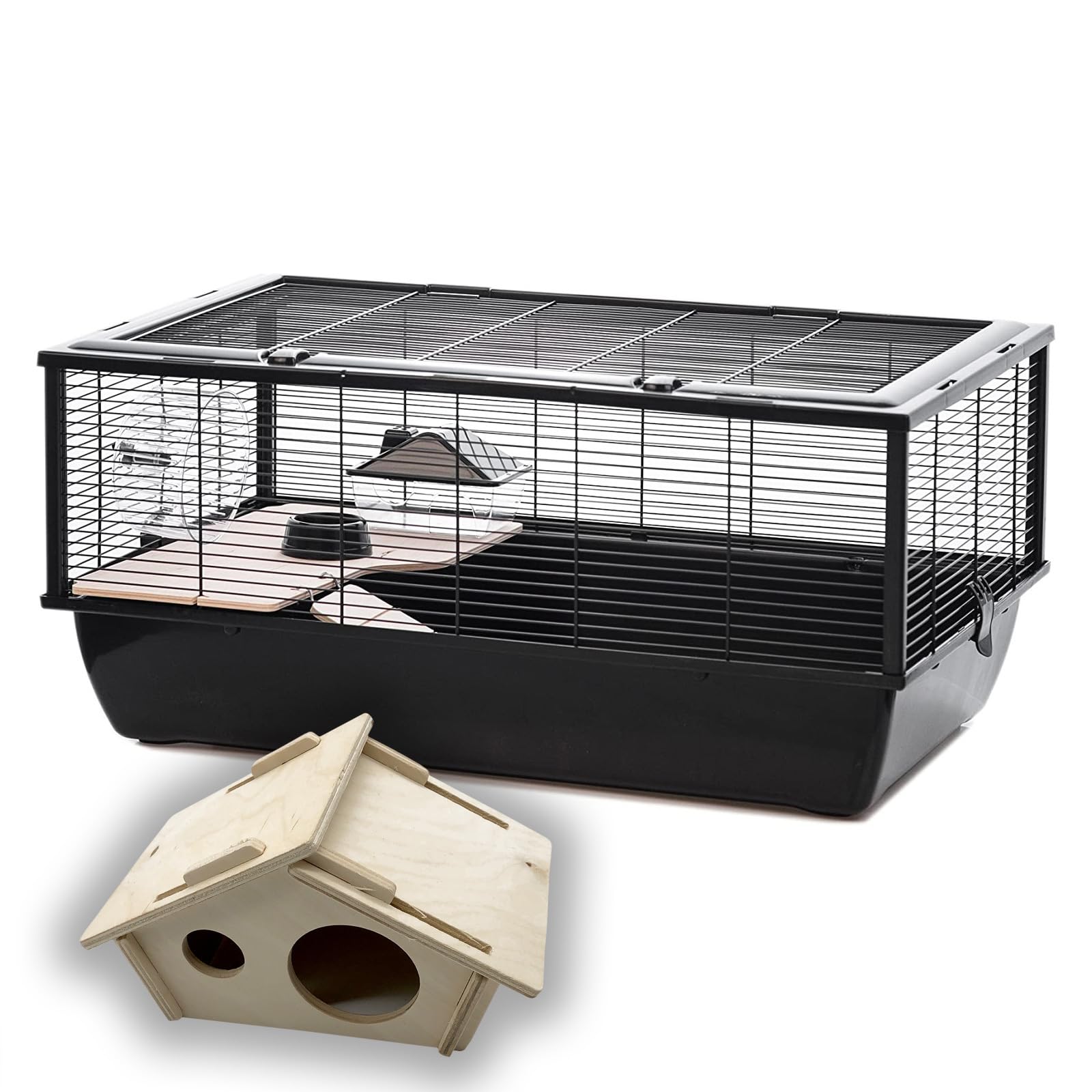 Großer Hamsterkäfig für Nagetiere + Holzhaus ca. 80 cm Hochwertig mit Holz Zubehör Nagerkäfig Haustier Kleintiere
