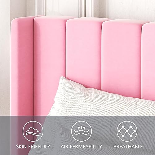 Miniatura 4 de Marcos de Cama Tamaño Doble con Cabecera con Respaldo de Ala, Marco de Cama Plataforma de Fácil Montaje, Soporte de Listones de Madera Resistente,