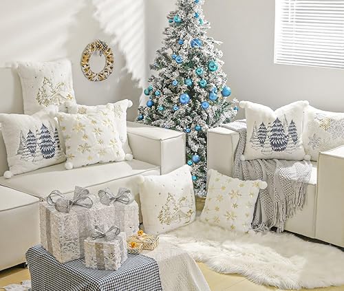 Miniatura 5 de Lewondr Juego de 2 fundas de almohada decorativas de piel sintética suave de 18 x 18 pulgadas, con bola de felpa, bonita funda de almohada bordada