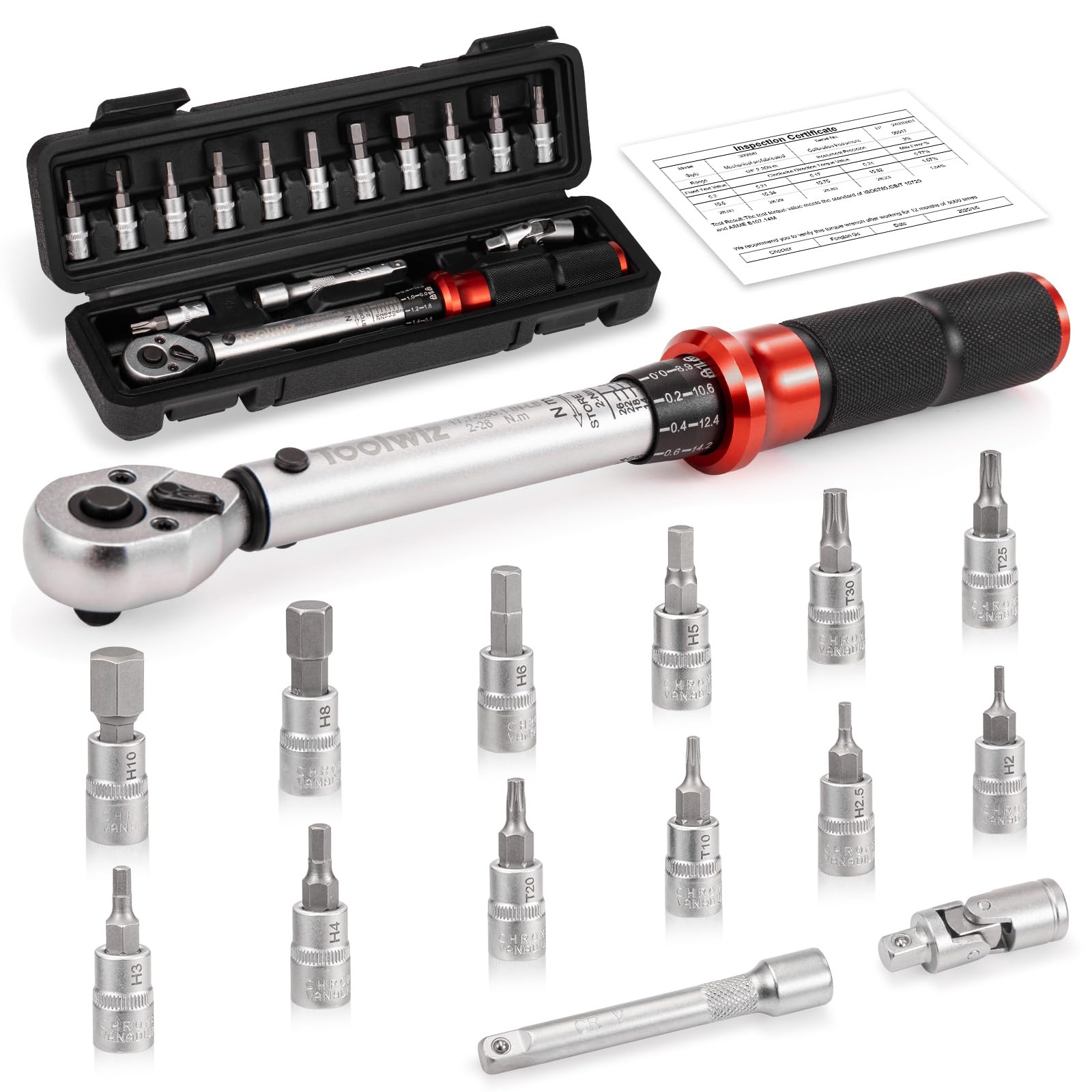 Toolwiz Llave Dinamométrica 1/4'', Llave de Torque 2-26 Nm, 72 Dientes, Precisión ±3%, 15 Piezas Llave Dinamométrica Set con Extensión, Adaptador, Torx, Bits, para Coche, Camión, Moto
