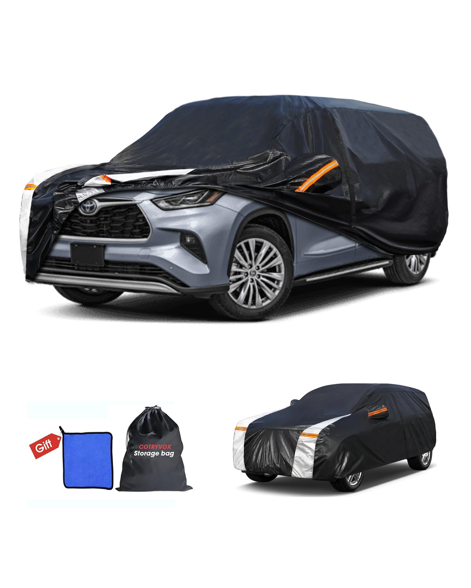 Multi-Layer Car Cover Custom Fit for Toyota Highlander(2000-2026), 100% Waterproof All Weather for Automobiles, Gift with Towel, Heavy Duty Car Covers for Rain Sun UV Protection with Door Zipper