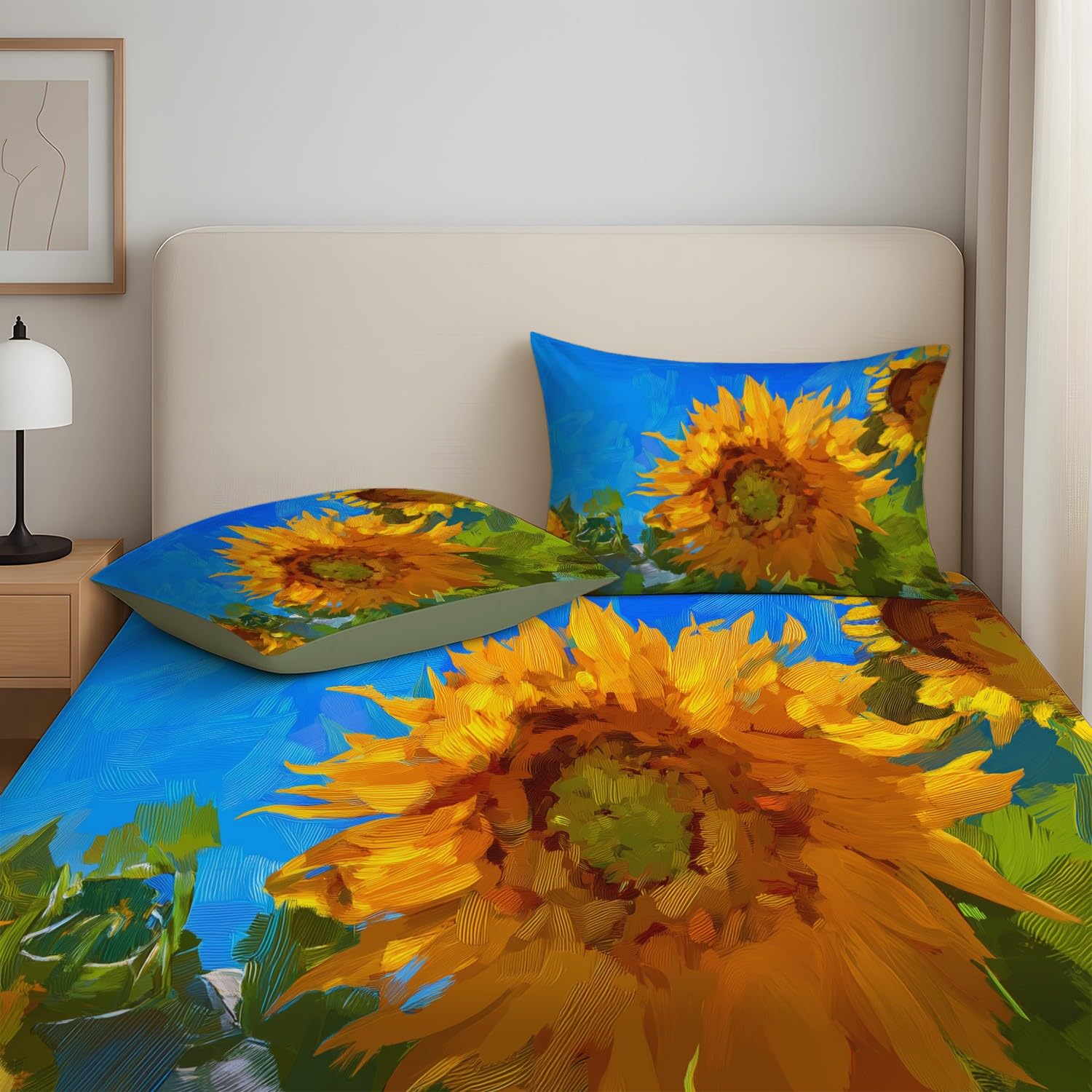 King Fitted Sheets - Bed Sheets Breathable and Luxury Microfibre Bedding Sets 160 x 200 cm, Golden Yellow Sunflowers, Green Foliage Botanical, Vintage Floral, Warm Sunlit, Modern Large Master Bedroom