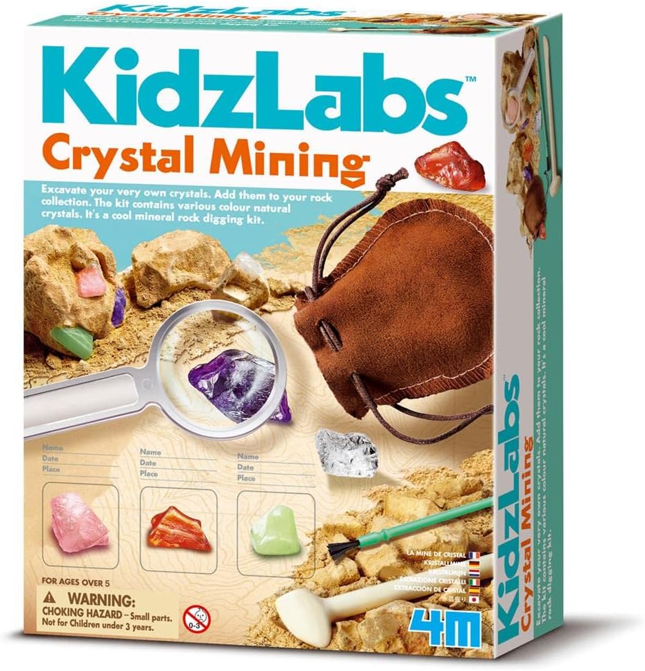 4M Kidz Labs Crystal Mining Kit - Girls & Boys aged 5+, Contains 8 Natural Crystals, Mineral Rock Digging Kit, Educational Geology Experience