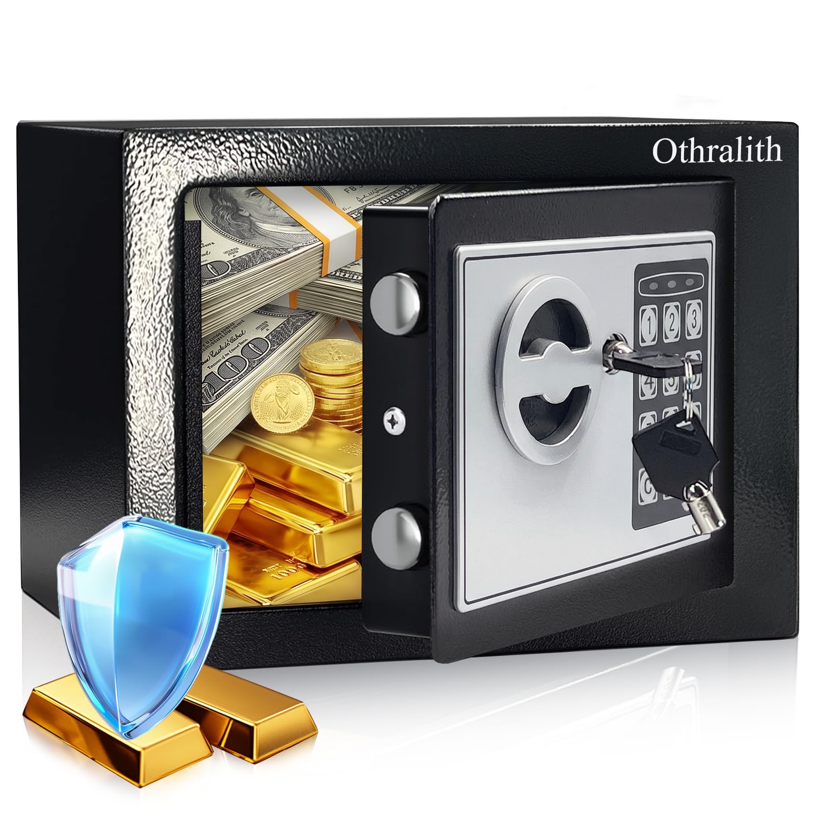 Photo 1 of  Small Safe Box for Money, 0.23 Cu Ft Mini Money Safe Security Lock Box for Home Dorm Use, Digital Home Safes with Keys & Code for Cash Gun Office Hotel, 9.05" W x 6.69" D x 6.69" H (Black)