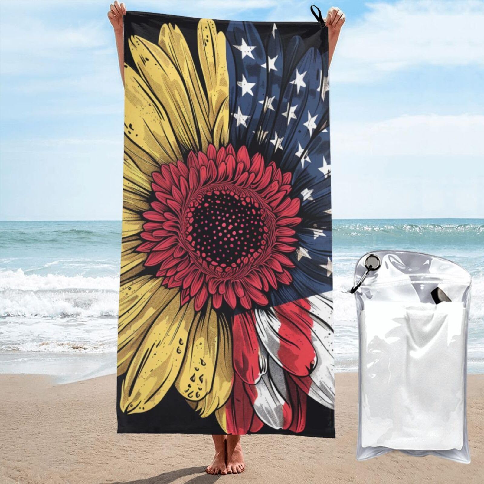 BWWHCCTI Sunflower USA Flag Printed Microfiber Quick Dry Beach Towel 80x160 CM, Fast Drying Bath Towels with Bags for Travel,Camping,Gym,Beach,Swimming,Yoga