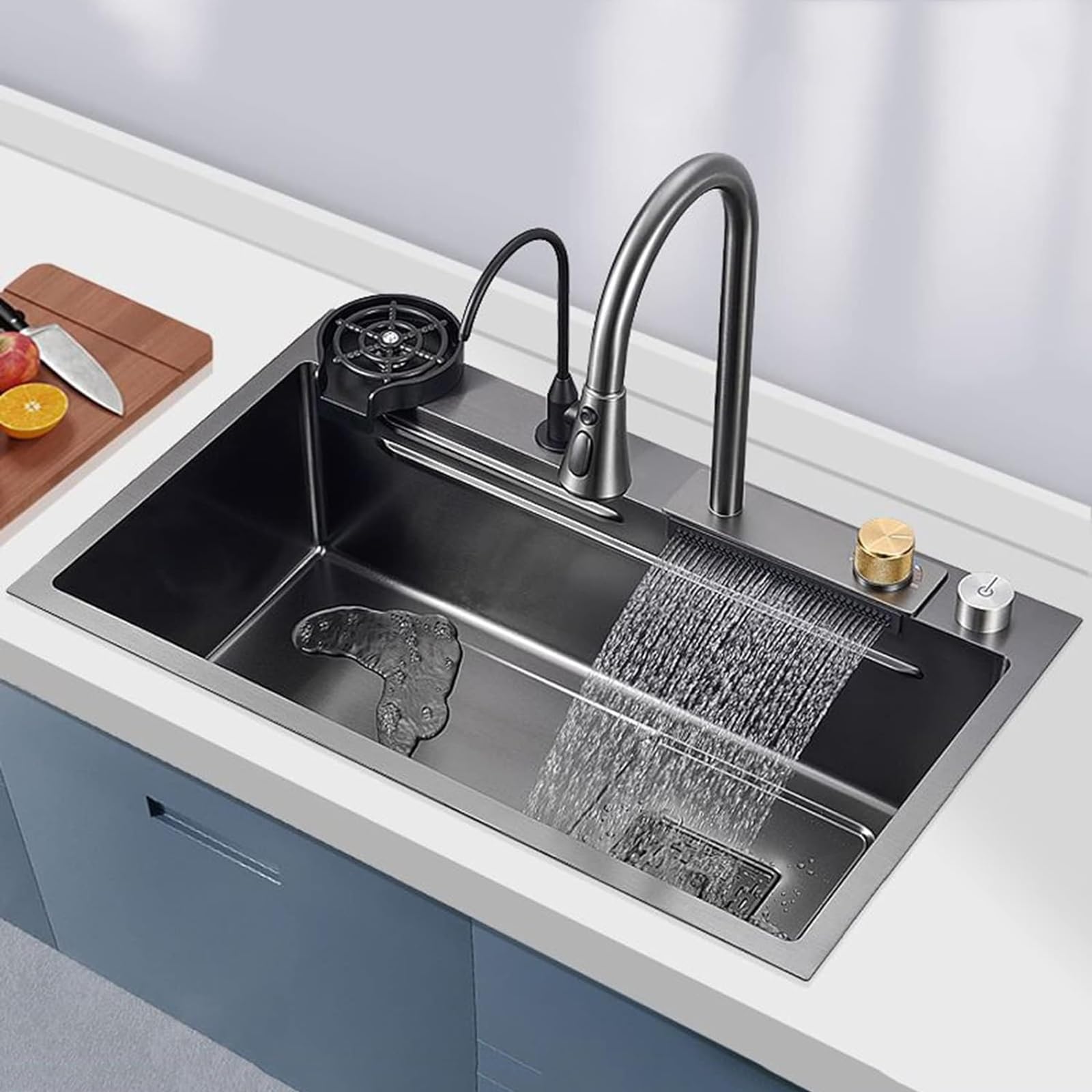 Nero 304 Lavello da Bar A Cascata in Acciaio Inox , Lavastoviglie Lavello Singolo con rubinetto estraibile, tagliere, rondella della tazza con scolapiatti da lavello， Accessori per lavelli ( Size : 75