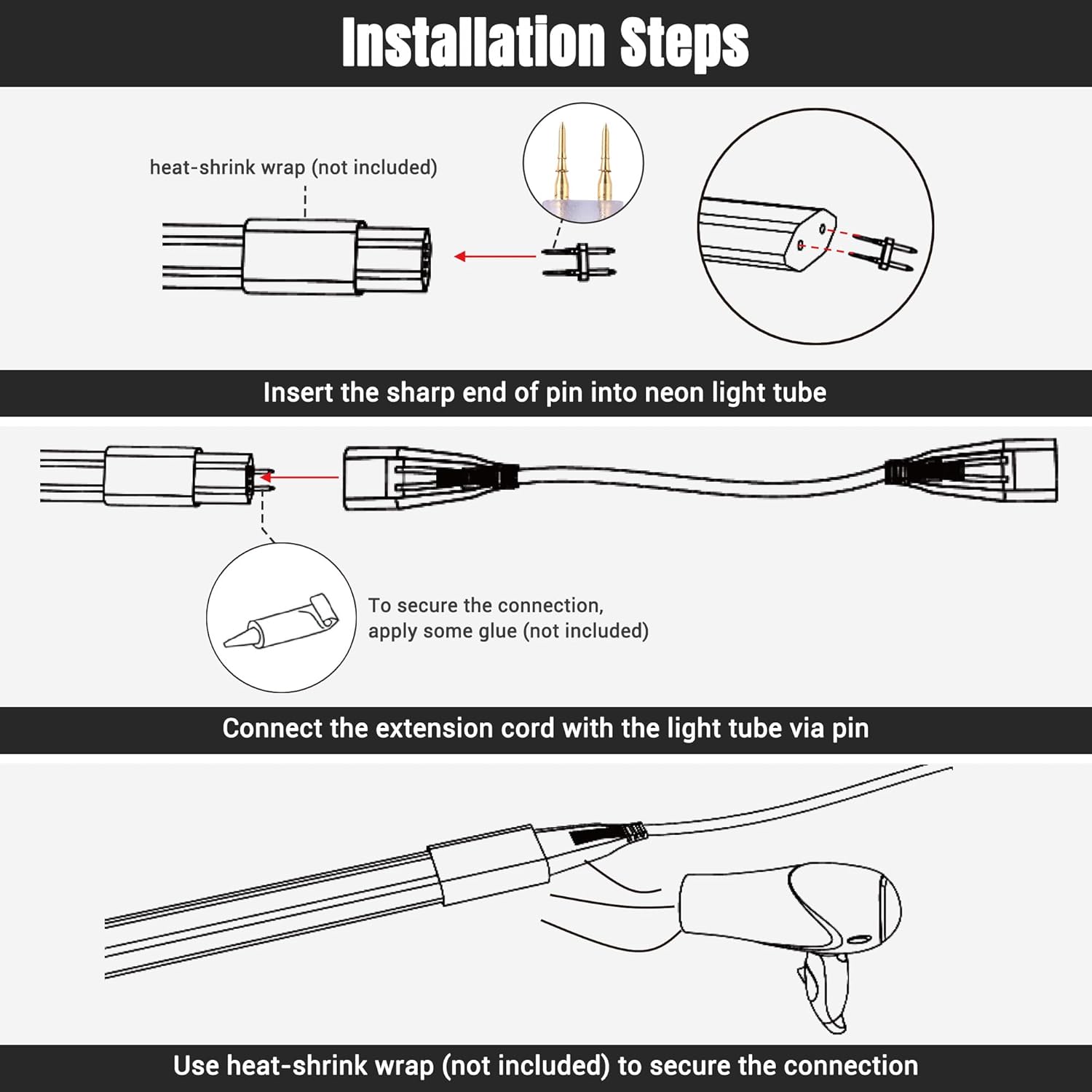 DELight 10PCS LED Strip Connectors 12" Extension Cord Cable Wires with 22PCS 2-Pin DEL-EXT01 for 9/16" W x 5/16" H Neon Rope Lights DEL-D50W DEL-D100W DEL-D150W