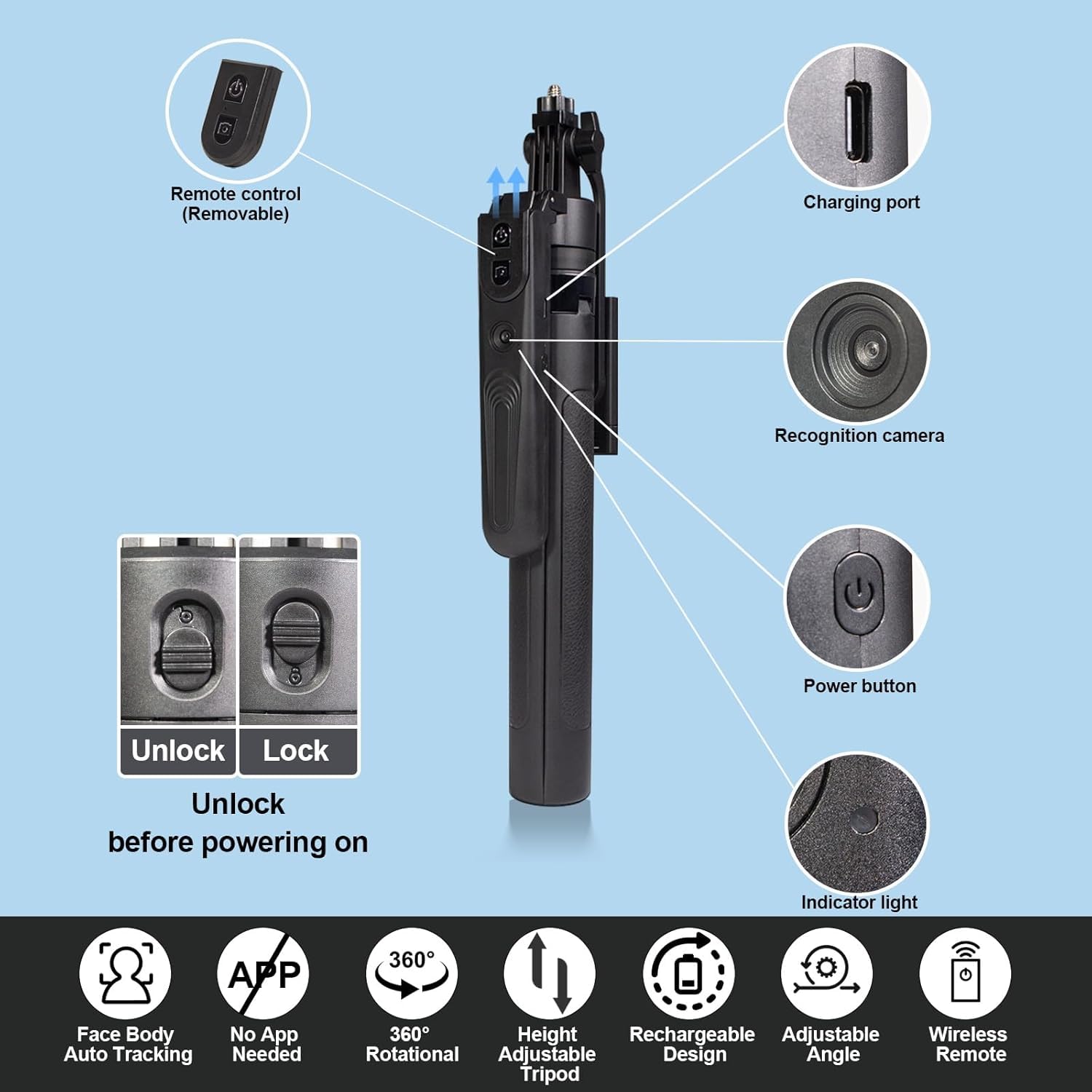 Extendable Auto Face Tracking Tripod Phone Stand, 360° Rotation Phone Stand with Light Tripod with Wireless Remote Cell Phone Smart Cameraman Shooting for Video, Vlog, Live Stream