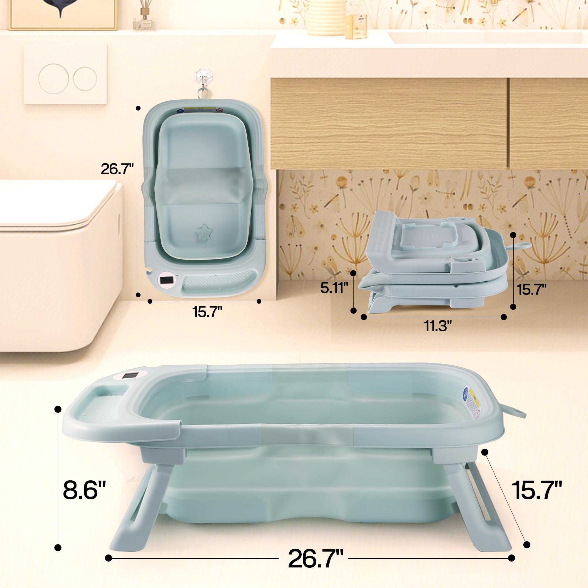 Large Foldable Baby Bath with Bath Mat, Baby Bathtub Foldable with Shower Head Connection and Integrated Thermometer (BLUE+)