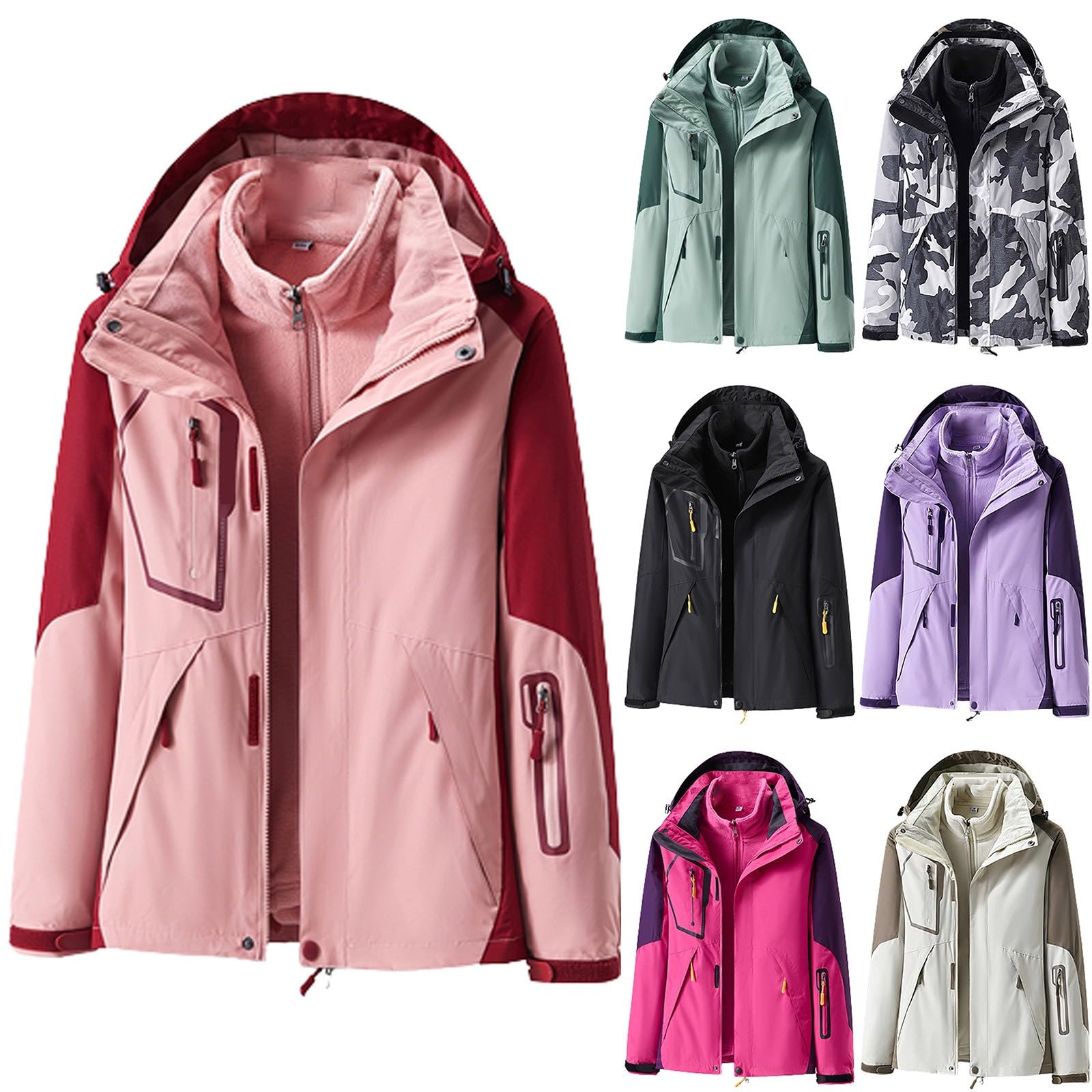 Damen Regenjacke Wasserdicht Warm - Winterjacke Doppeljacke 2-in-1 Skijacke mit Fleecejacke Regenjacken Winddicht Funktionsjacke Outdoorjacke mit Kapuze Windjacke Wandernjacke