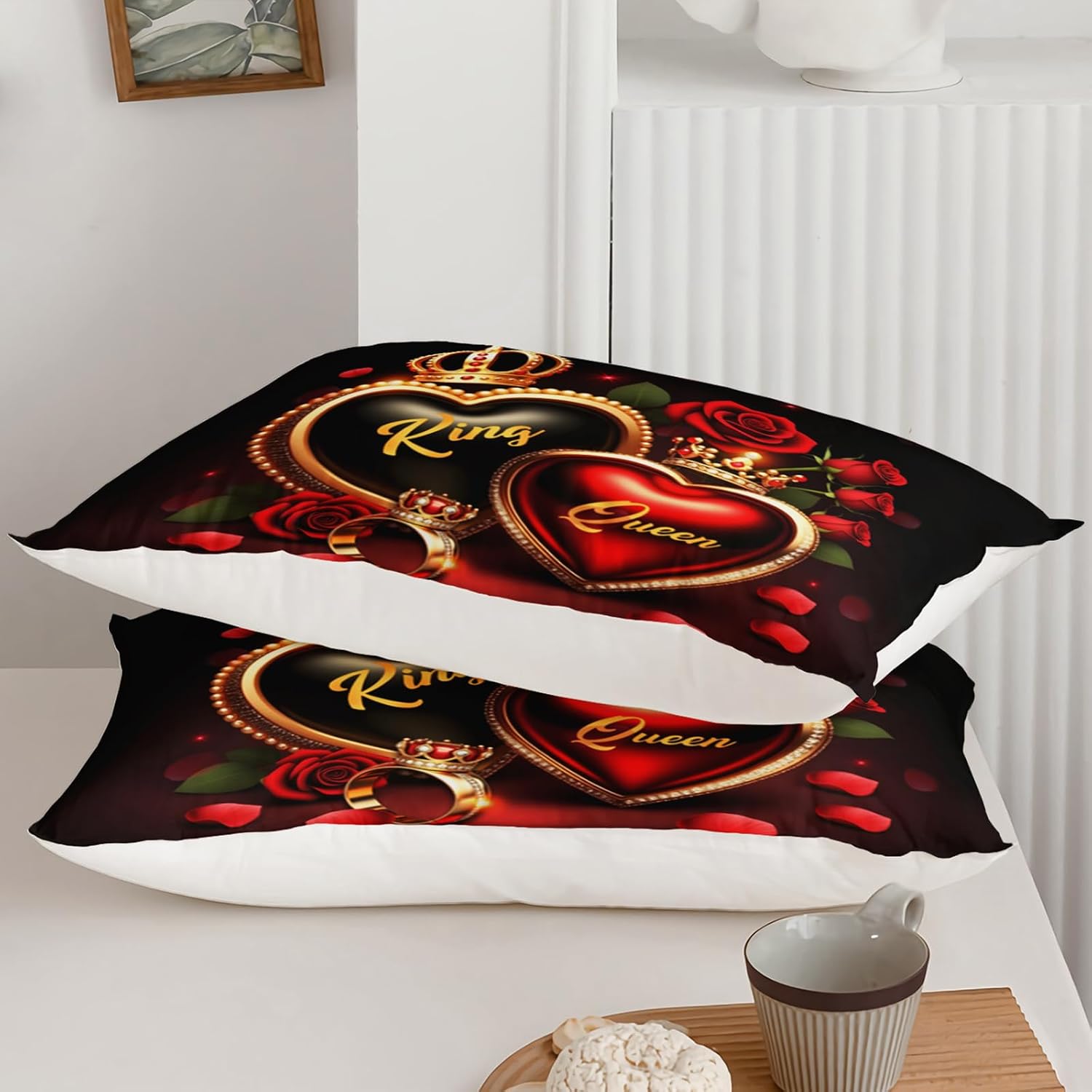 AILONEN Red Rose Duvet Cover Set Queen Size,Romantic Hearts Love King and Queen Crown Bedding Set,3 Pieces Couple Comforter Cover with 2 Pillowcases