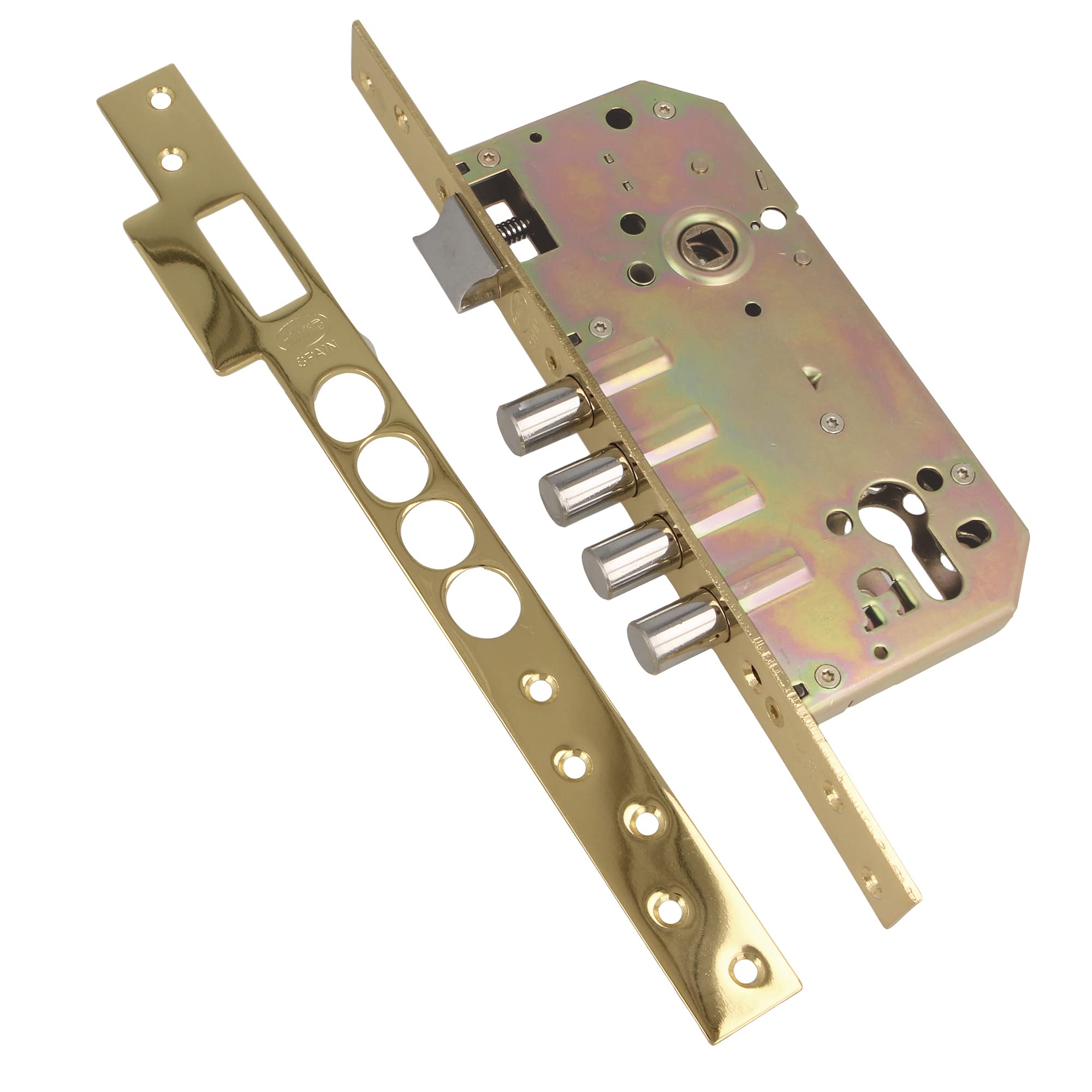 Amig Brass Varnished Steel - Mortice Lock With Bolts For Wooden Doors Mod. 100 Base - 50/85 Mm - Without Cylinder And Safety Shield - Reversible Handle - Varnished Brass Steel