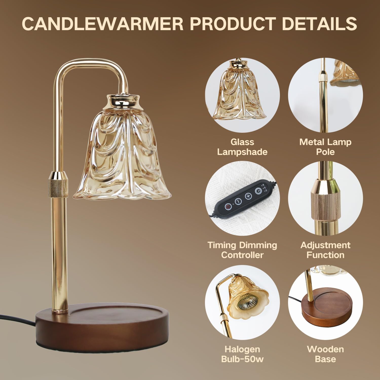 Diagram showing the components of the Droyek Candle Warmer Lamp: glass lampshade, metal lamp pole, timing dimming controller, adjustment function, halogen bulb, and wooden base.
