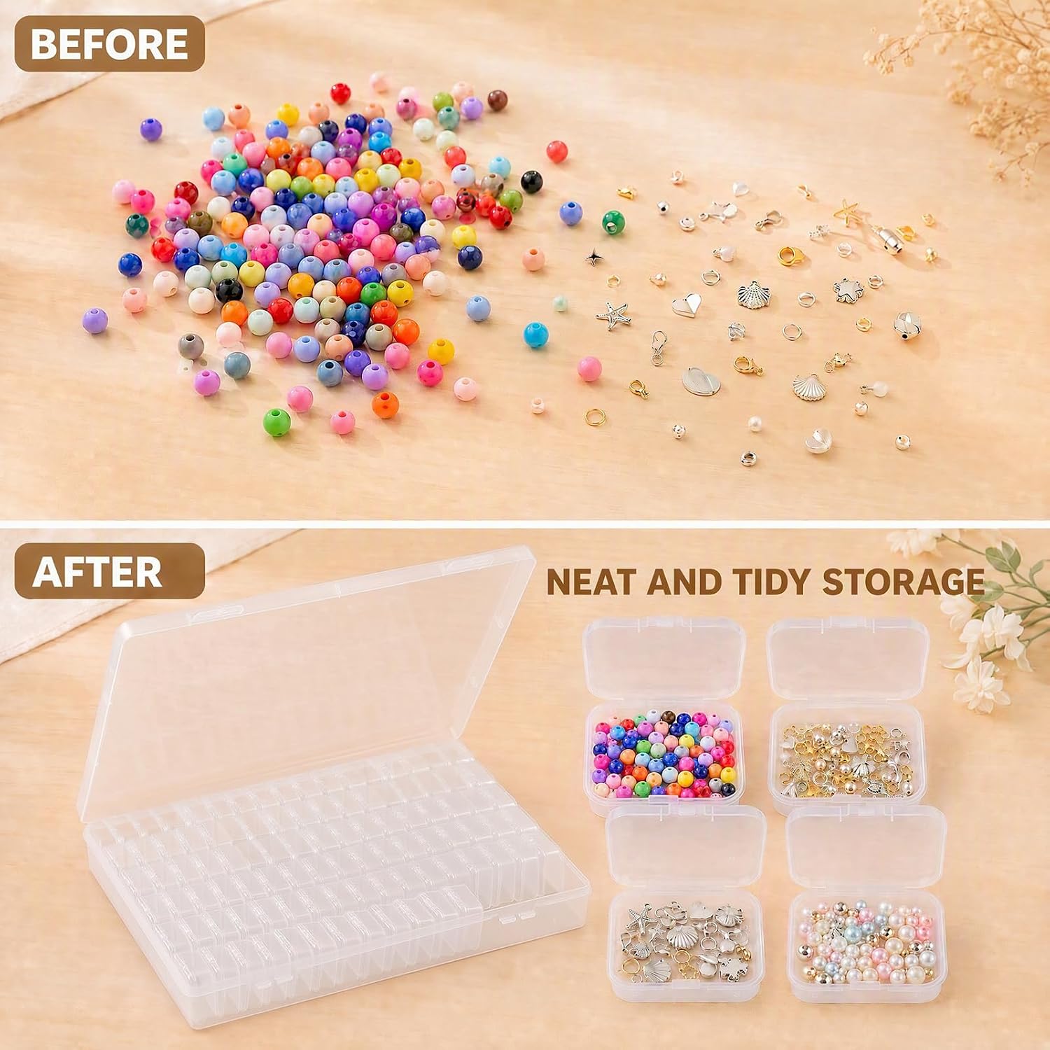 102PCS Bead Organizer Boxes, Hinged Lids & 264-Color Labels