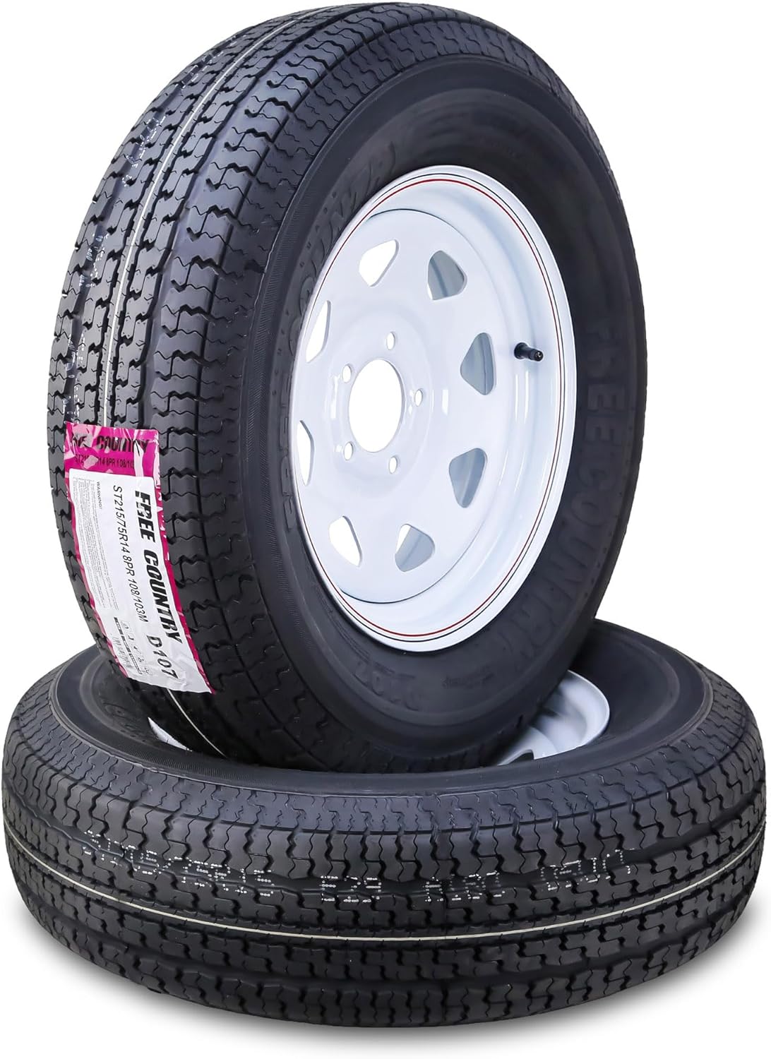 Free Country Trailer Tire Wheel Assembly ST215/75R14 8-Ply D 107M 5 Lug on 4.5" PCD White Spoke Wheel, SET 2