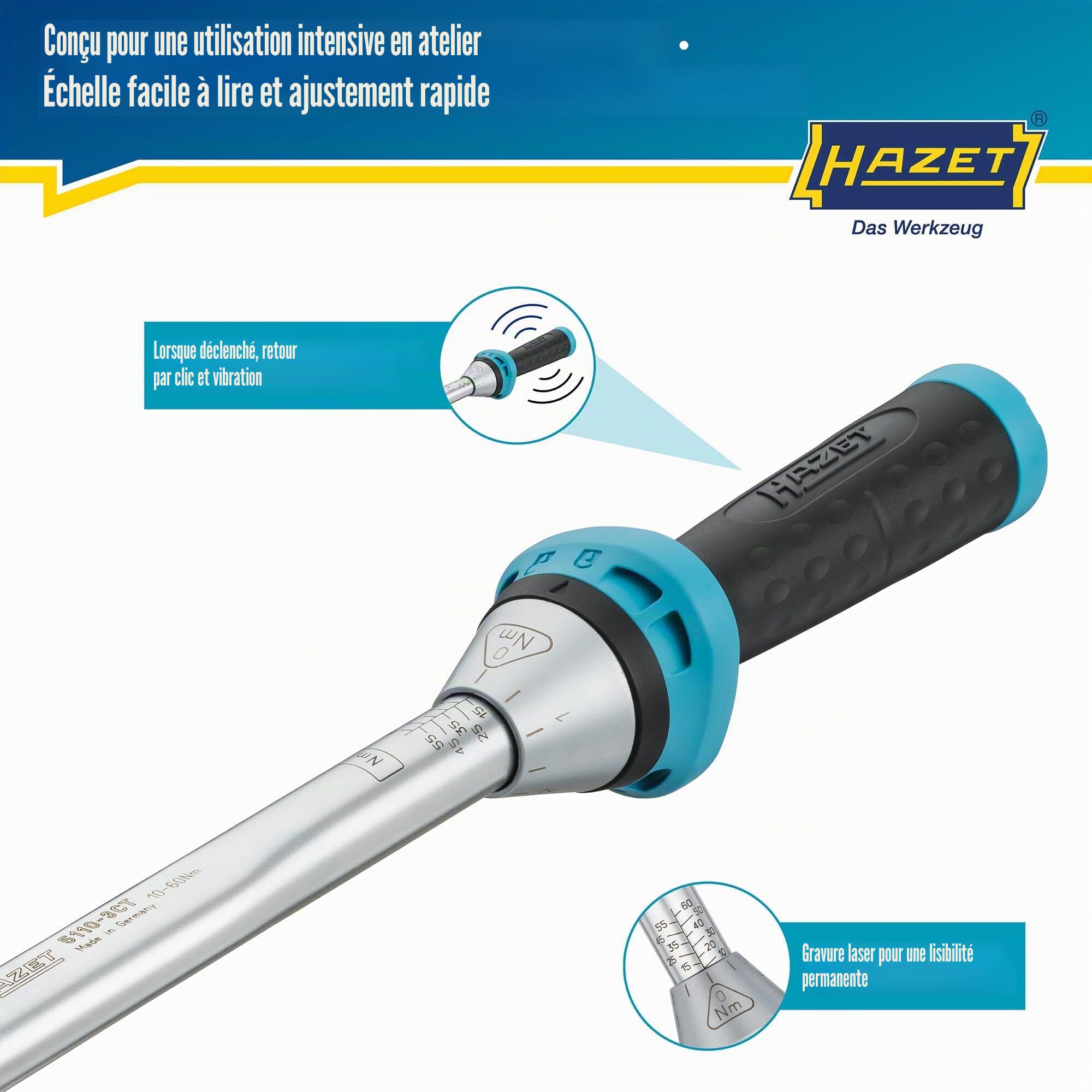 HAZET clé dynamométrique 5110-3CT I Sortie : carré 10 mm (3/8 pouce), tolérance : 3 %, 30 dents (angle d'actionnement 12 degrés) I cliquet réversible facile à utiliser pour voiture et vélo I 320 mm'.