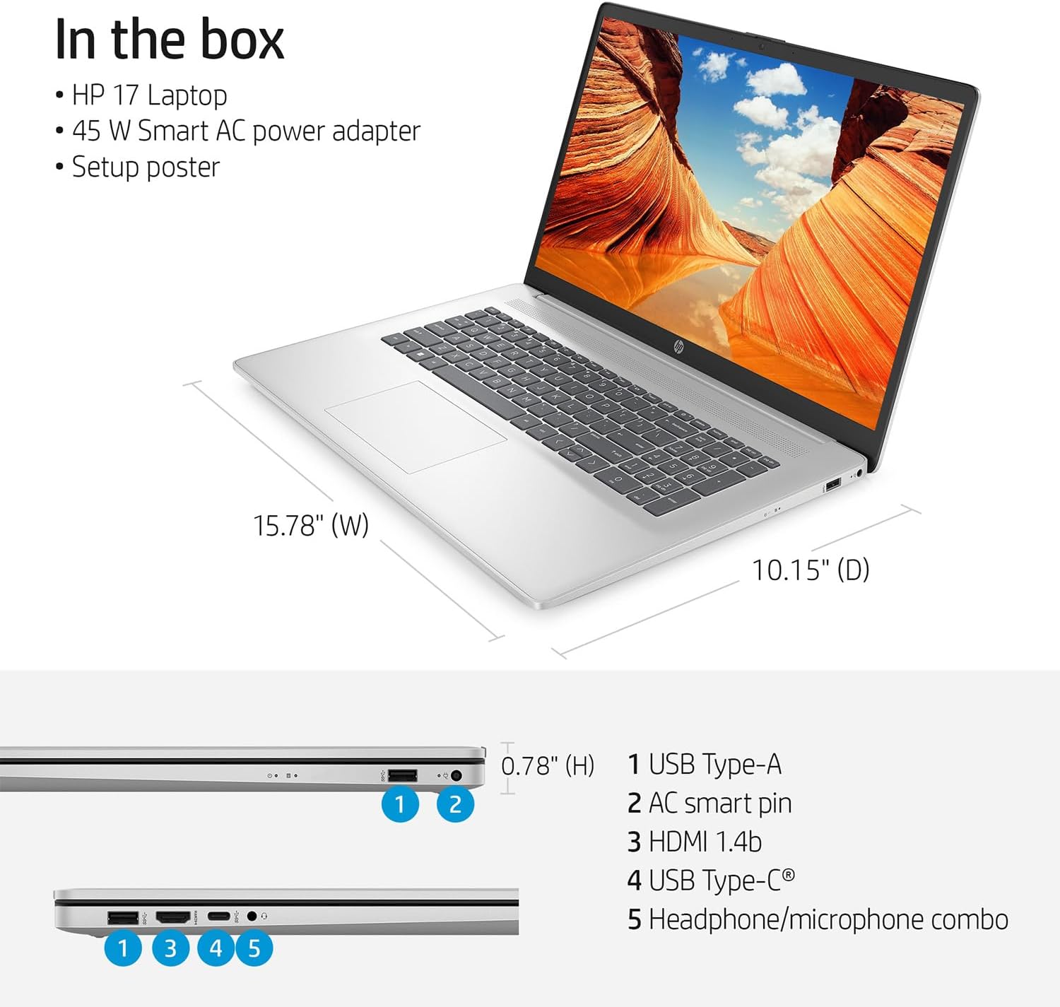HP Essential Laptop, 17.3" HD+ (1600 x 900) Touchscreen, AMD Ryzen 3 7320U, 8GB RAM, 512GB SSD, Bluetooth, USB Type-C, HDMI, Webcam, Numeric Keypad, Wi-Fi, Windows 11 Home, Silver