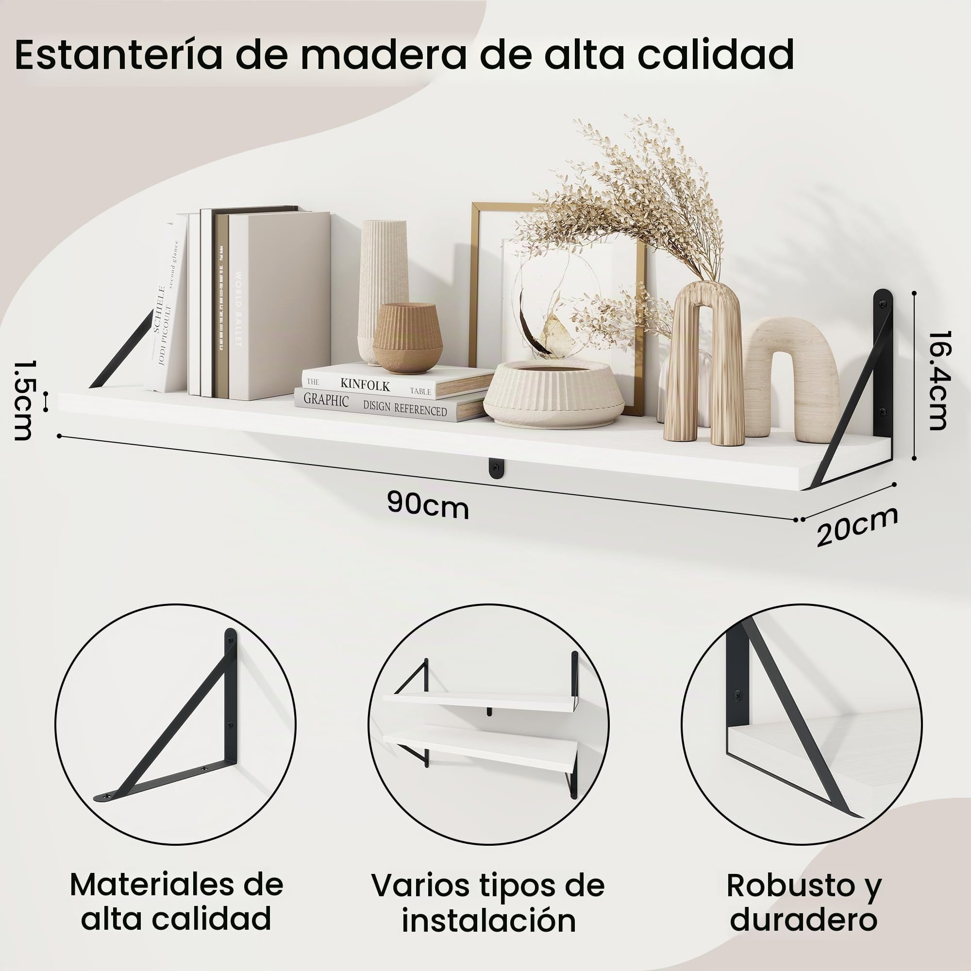 Feihorrm Juego de 3 estanterías de 90 cm para Pared, de Madera, Color Blanco, para salón, Dormitorio y Estudio