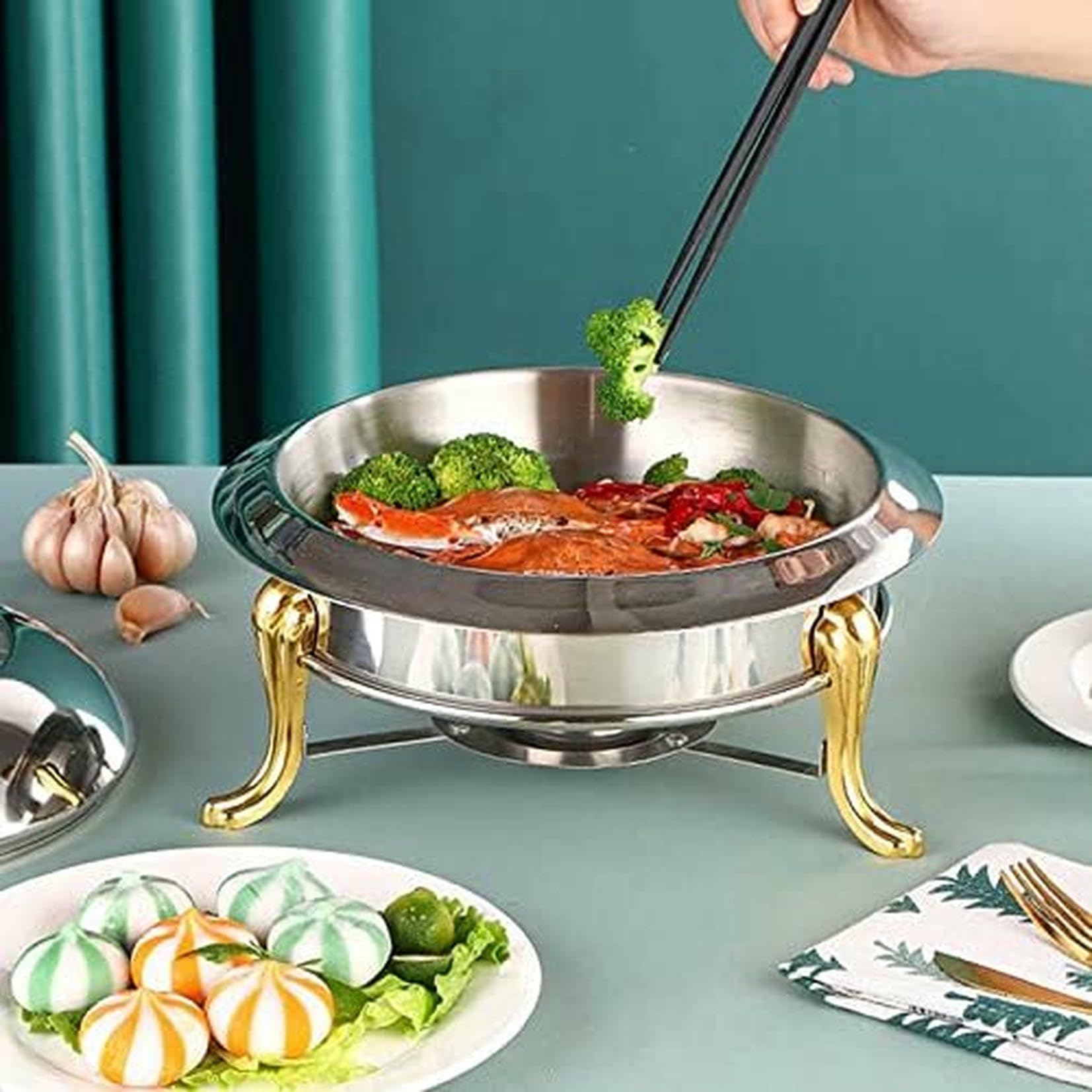 Bandeja de acero inoxidable para servicio de buffet para alimentos con estufa de alcohol y tapa, ideal para catering comercial, eventos y fiestas, 24 cm