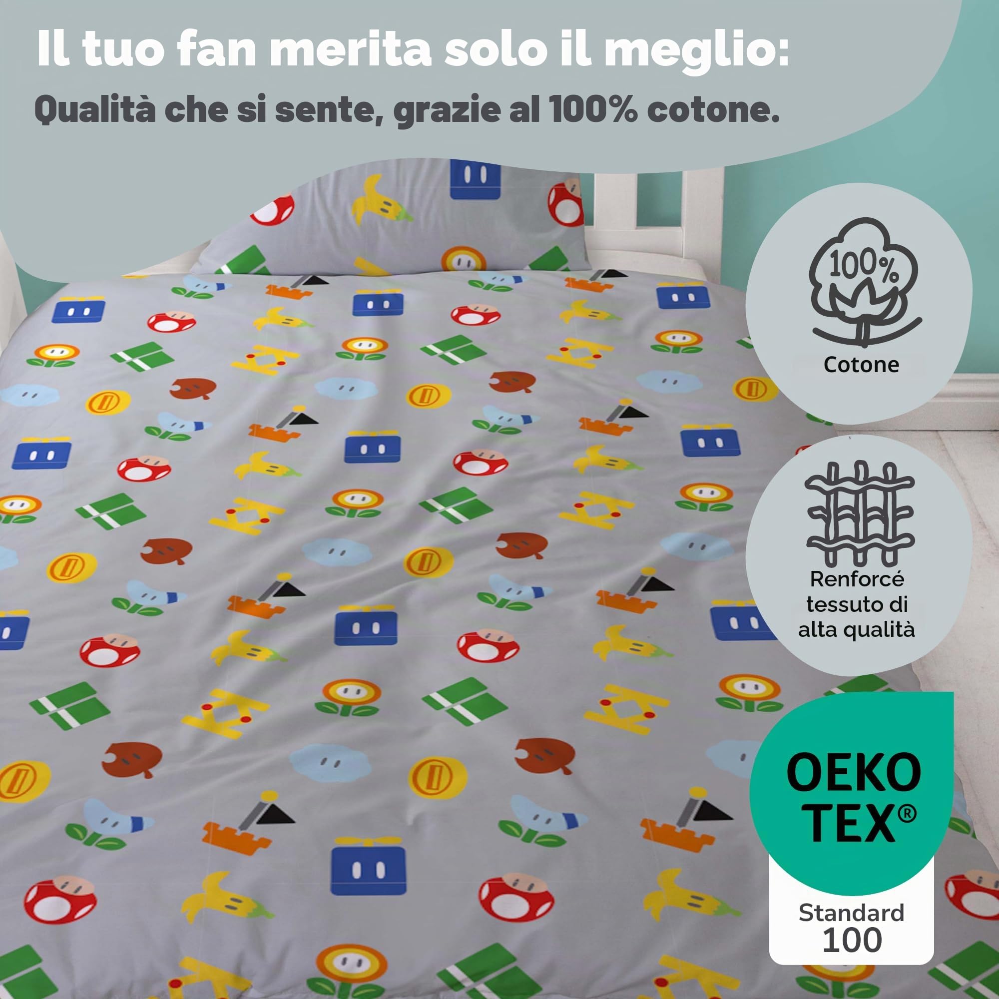 Set di biancheria da letto double-face per bambini, motivo Super Mario, 135 x 200 cm, 80 x 80 cm, 100% cotone, con chiusura lampo, in linone