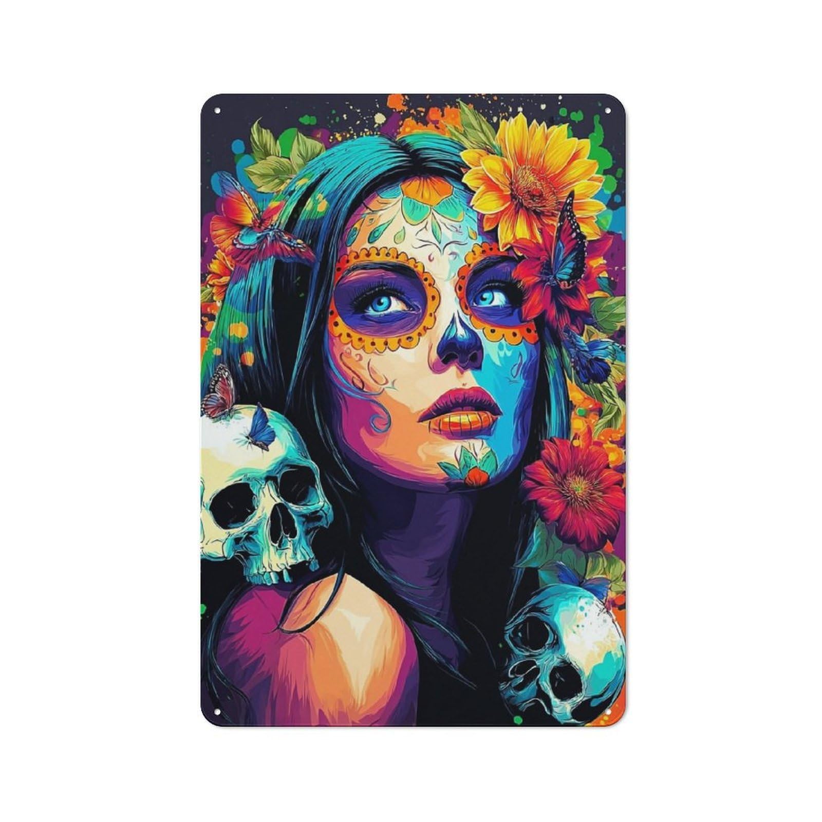 Junmoney Colorful Sugar Skull Artwork For Lounge Or Reading Corner, Vintage Tin Sign 30X20cm, Seasonal Metal Wall Decor For Winter Interiors